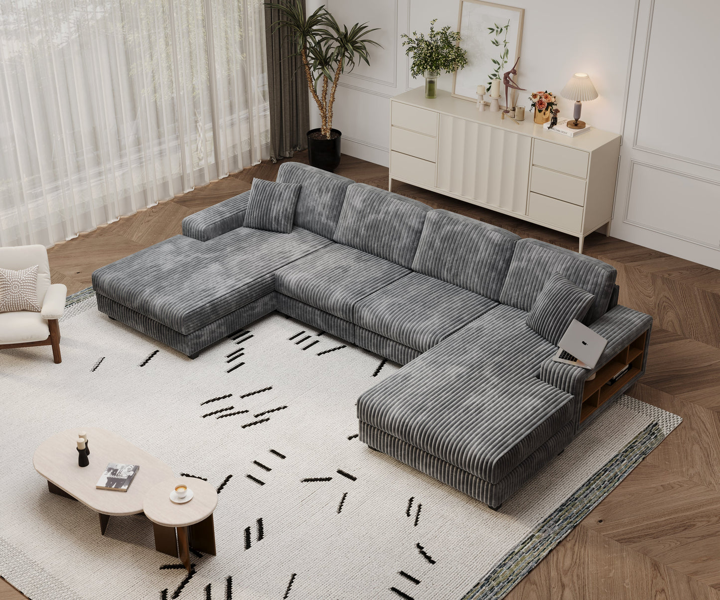 NEW Convertible U-shaped Combination Sofa, Corduroy Fabric, Modern Comfortable Large Size 4 Seat Sofa, Living Room Double Lounge Chair , Dark Grey