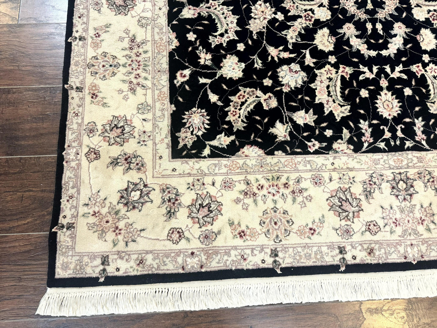 USED Sino Persian Rug 6x9, Black and Ivory, Wool and Silk Highlights, Handmade