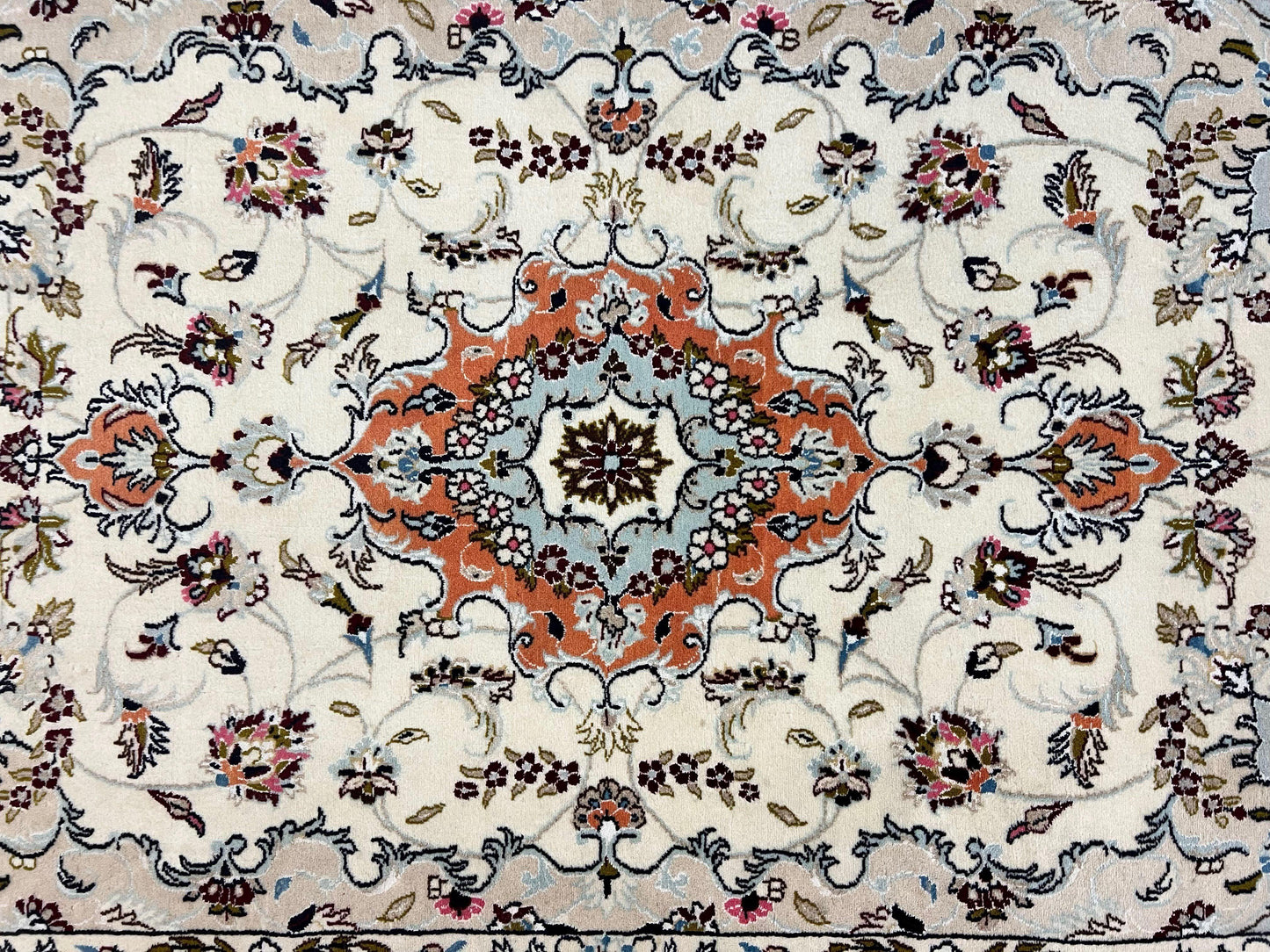 USED Persian Tabriz Rug 4.5  x 6.8, Finely Hand Knotted Wool with Silk Highlights Vintage Oriental Carpet, Cream and Salmon, High KPSI, Floral Medallion