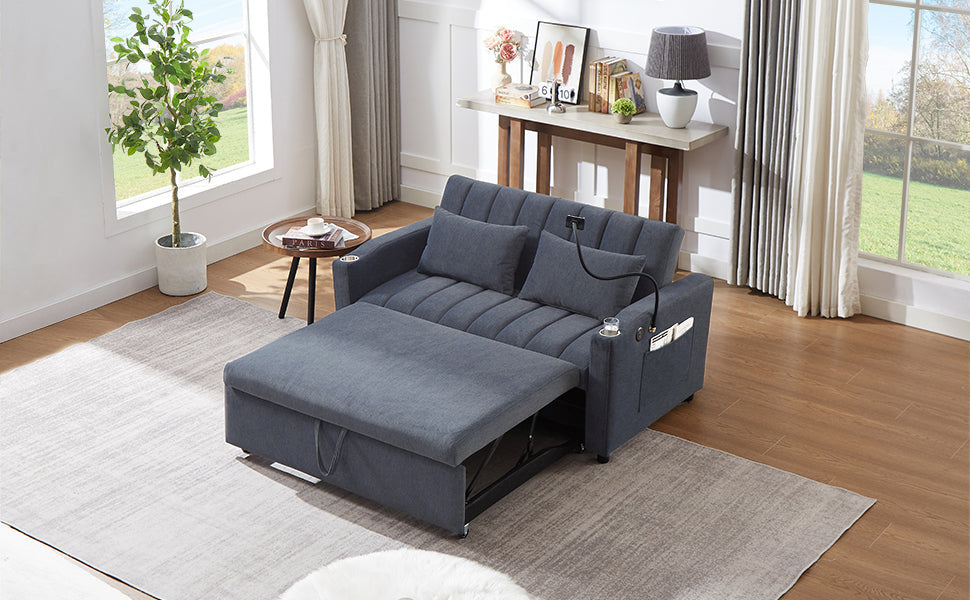 NEW Convertible Sofa Bed Loveseat with USB Ports, Side Pockets, Cup Holders, and Phone Holder in Blue Grey Bella Fabric, 55.9'