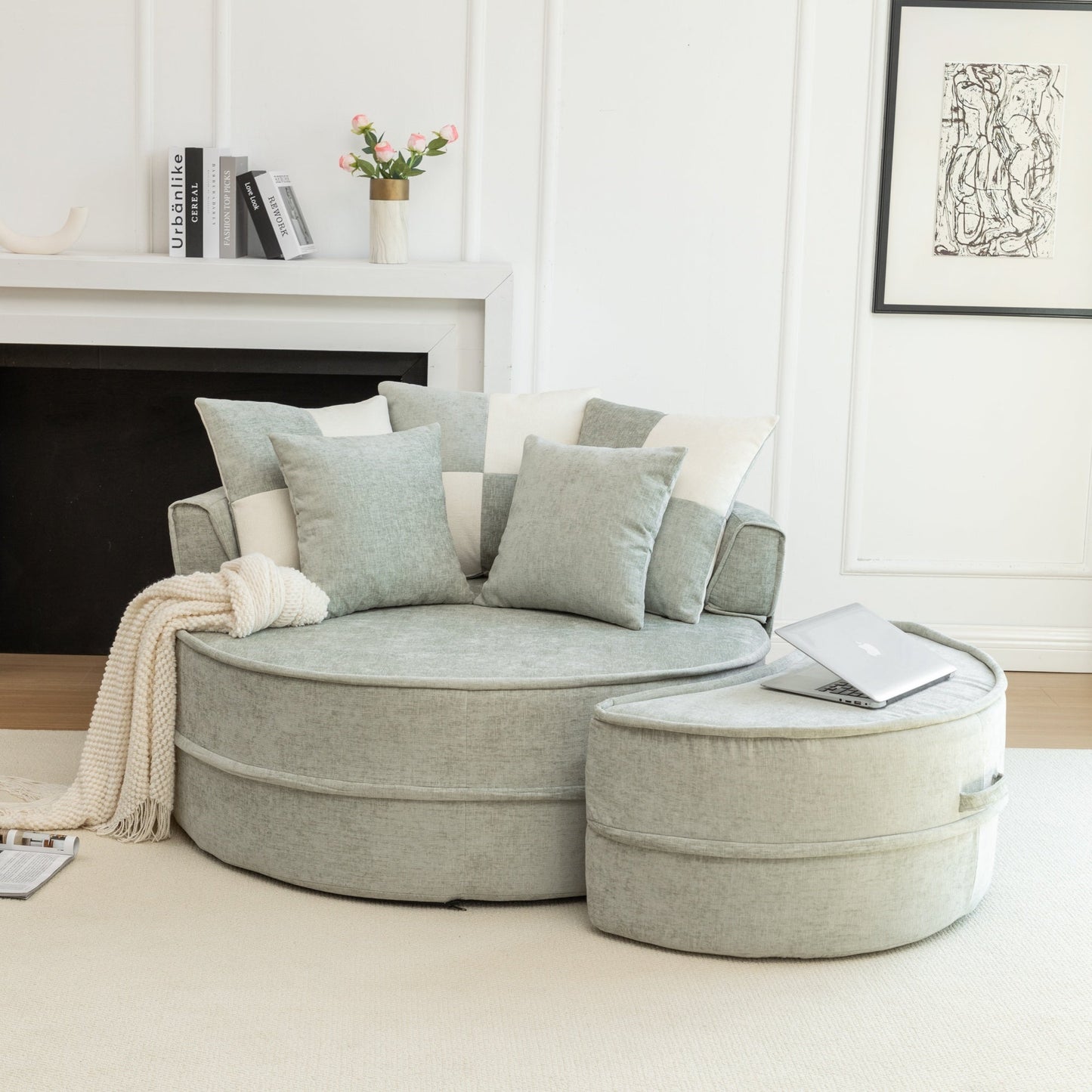 NEW Modern Oversized Blue Round Barrel Accent Chair with Ottoman - Velvet Upholstered Lounge Armchair with 5 Pillows for Living Room or Bedroom