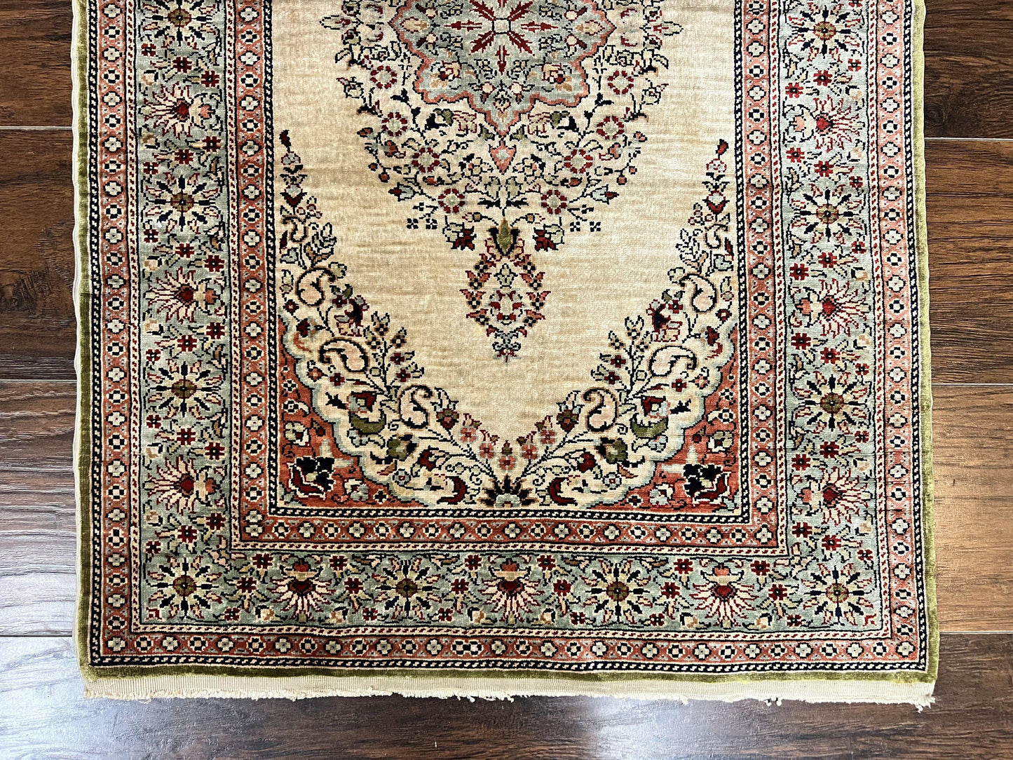 USED Silk Turkish Kayseri Rug 2x3, Very Finely Hand Knotted, Semi Open Field, Vintage, Silk Pile on Silk Foundation, 300 KPSI
