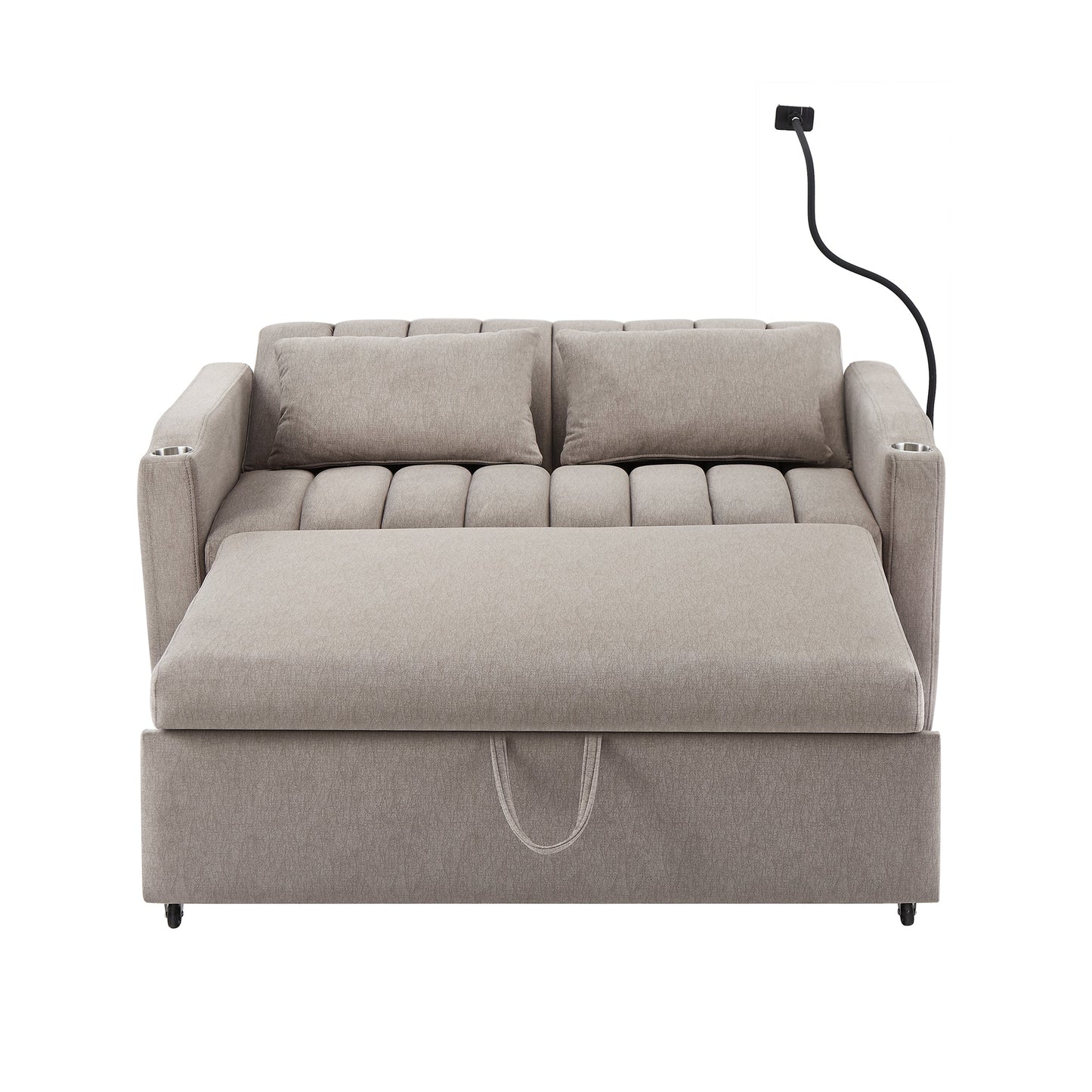 NEW Convertible Sofa Bed Loveseat with USB Ports, Side Pockets, Cup Holders & Swivel Phone Holder, Light Grey Bella Fabric