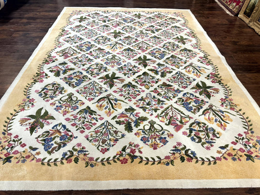 USED Power Loomed Rug 8x11, Ivory and Multicolor Floral Panel Pattern, Flowers, Butterflies, Vintage