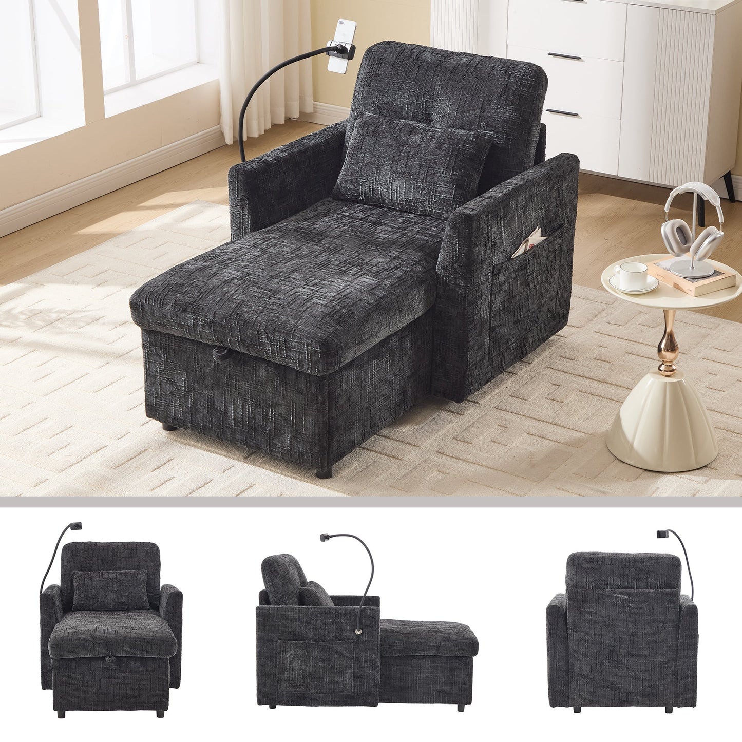 NEW Chenille Multifunctional Sofa Recliner with Storage Backrest and Cell Phone Bracket