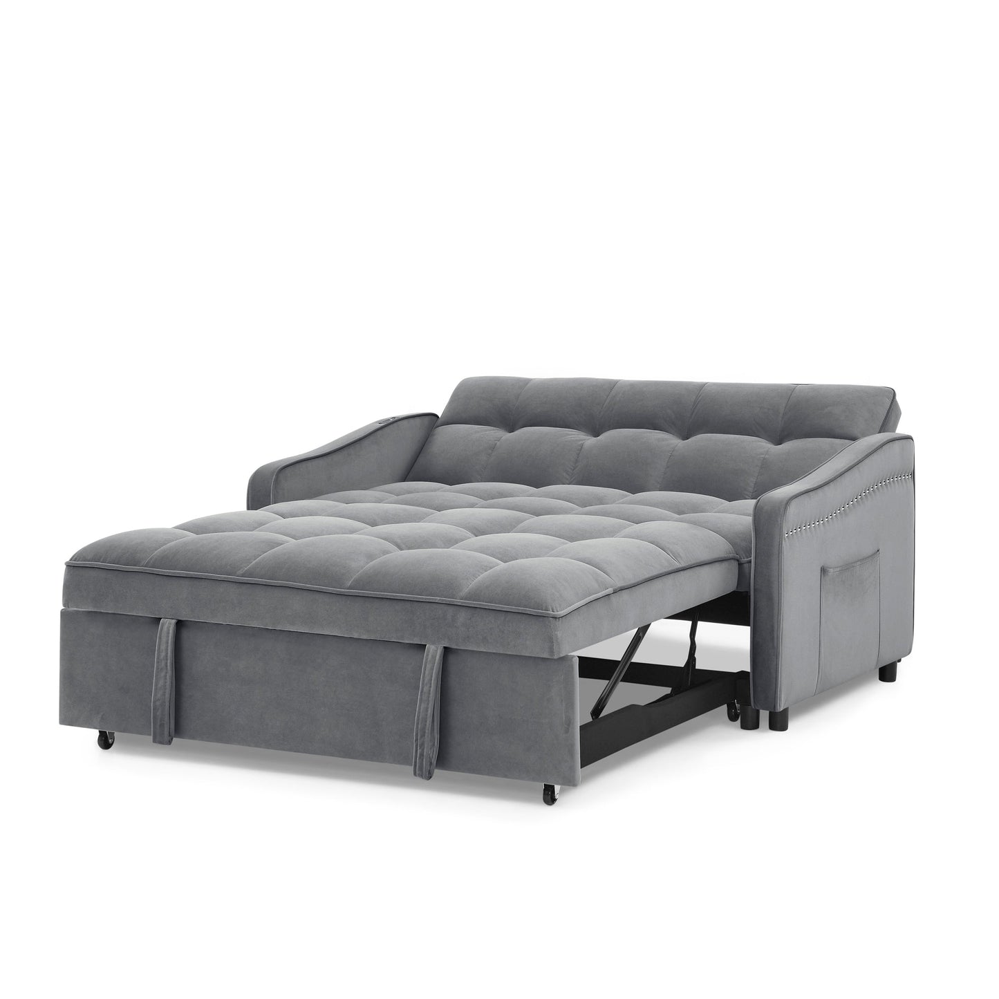 NEW Grey Copper Nail Loveseat Sofa Bed with Pull-out Bed Adjustable Back and Two Arm Pocket TypeC USB Charging