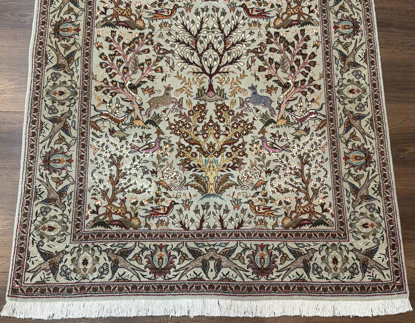 USED Wonderful Persian Tabriz Rug 3x5, Tree of Life, Animal Pictorials, Birds, Wool & Silk Highlights, Fine 330 KPSI