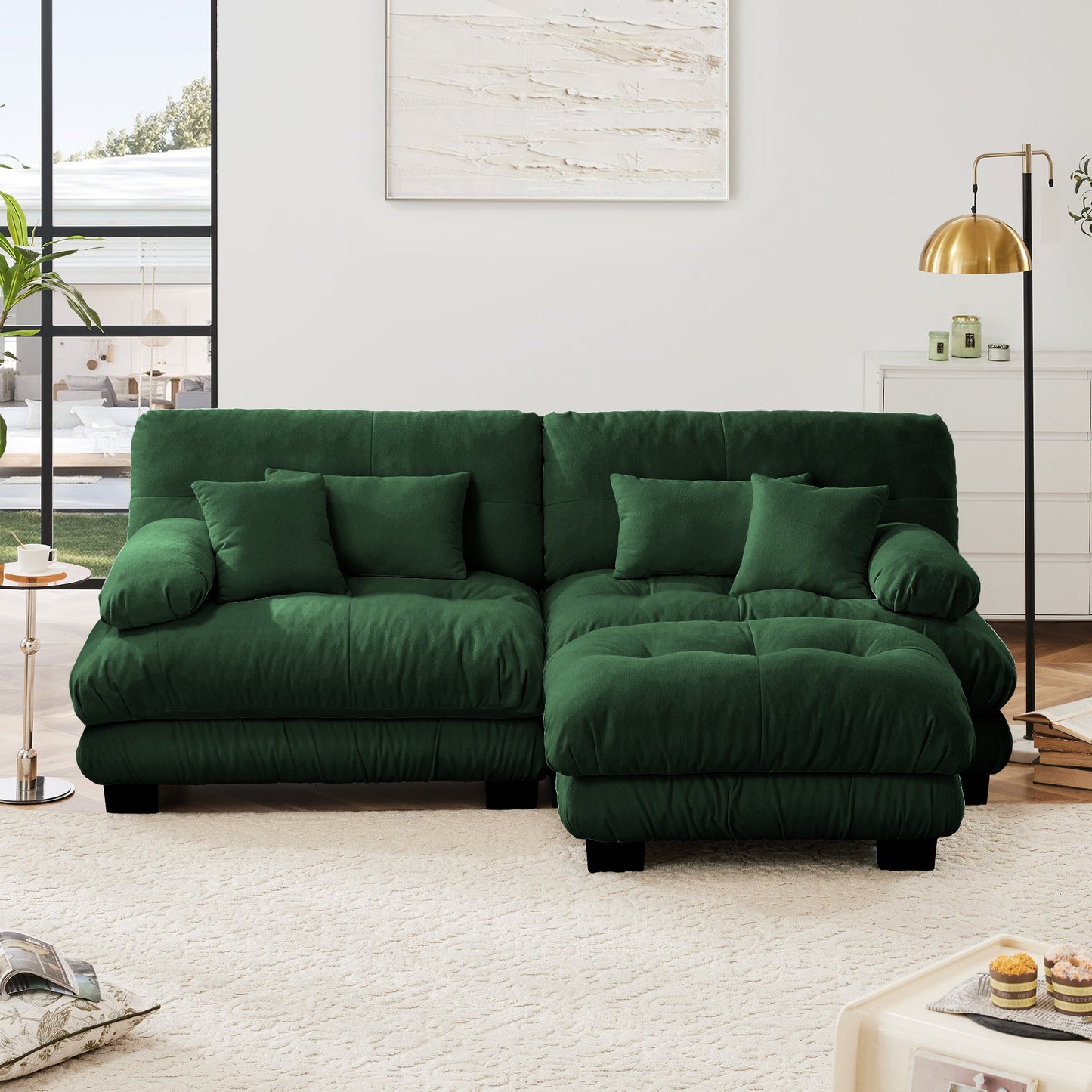 NEW Cloud Couch Sectional Sofa for Living Room, Chenille 2 Seater Sofa with 2 Lumbar pillows and 2 throw pillows , Upholstered Wide Arm Sofa with Convertible Ottoman,Chenille Green