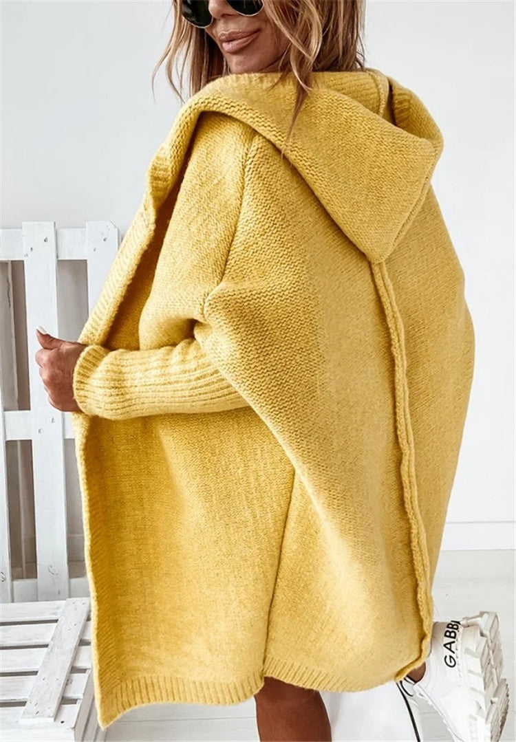 New Fashion Bat Sleeve Hooded Cardigan Oversized Loose Temperament Solid Color Sweater Womens Clothing