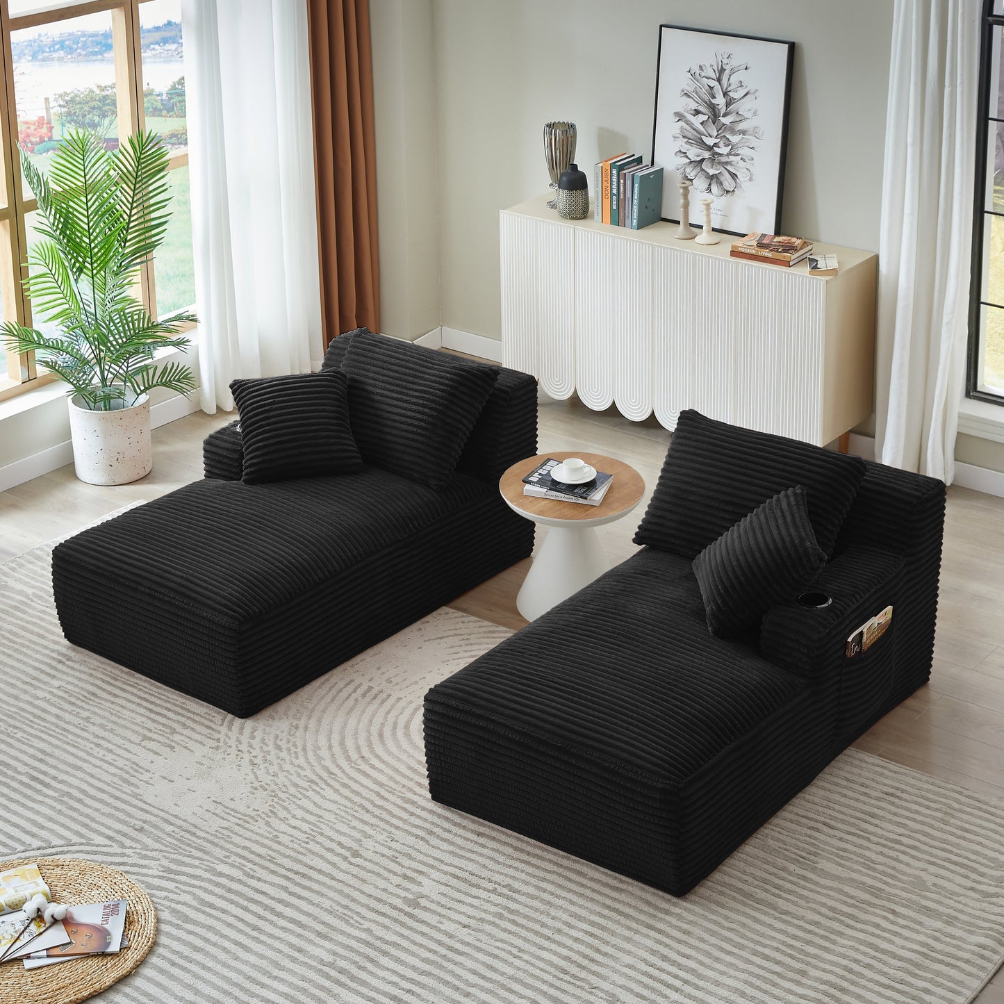 NEW Fluffy Black Corduroy Modern Compressible Double Chaise Lounge Loveseat Sleeper with Cupholders