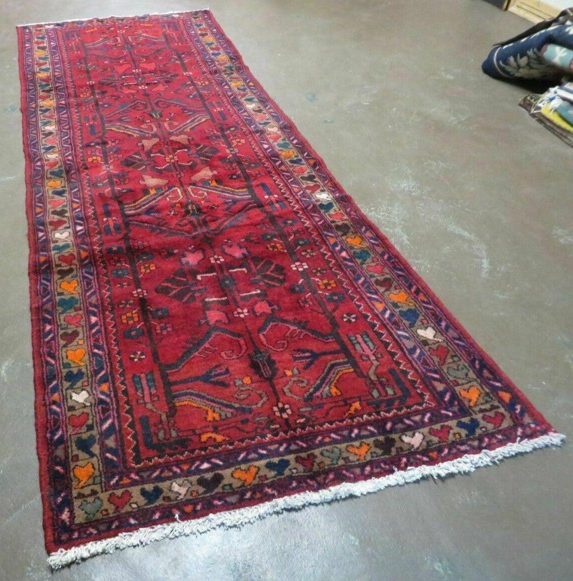 USED Antique Persian Hamadan Runner 3.4 x 9.7 -  Wool, Red and Navy Blue