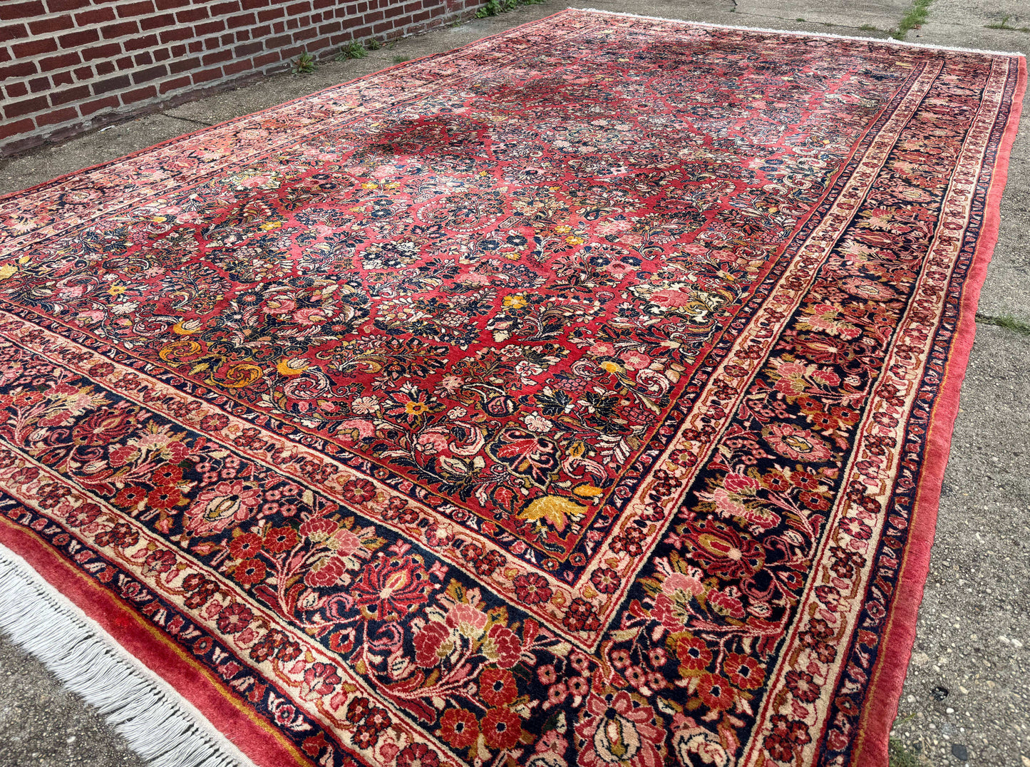 USED Large Antique Persian Sarouk Rug 11x18, Red, Floral Allover, Palace Size Wool Handmade Carpet