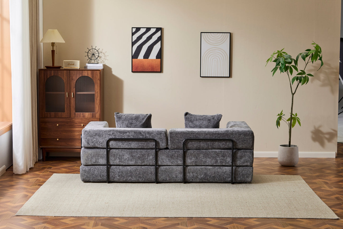 NEW Floor Couch,Compression Sofa,Convertible Floor Sofa Bed-with Pillow Back Support Armrest,Comfy Futon Couch Lounge Sleeper Bed,Chenile fabric,for Living Room Bedroom (DARK-GREY)