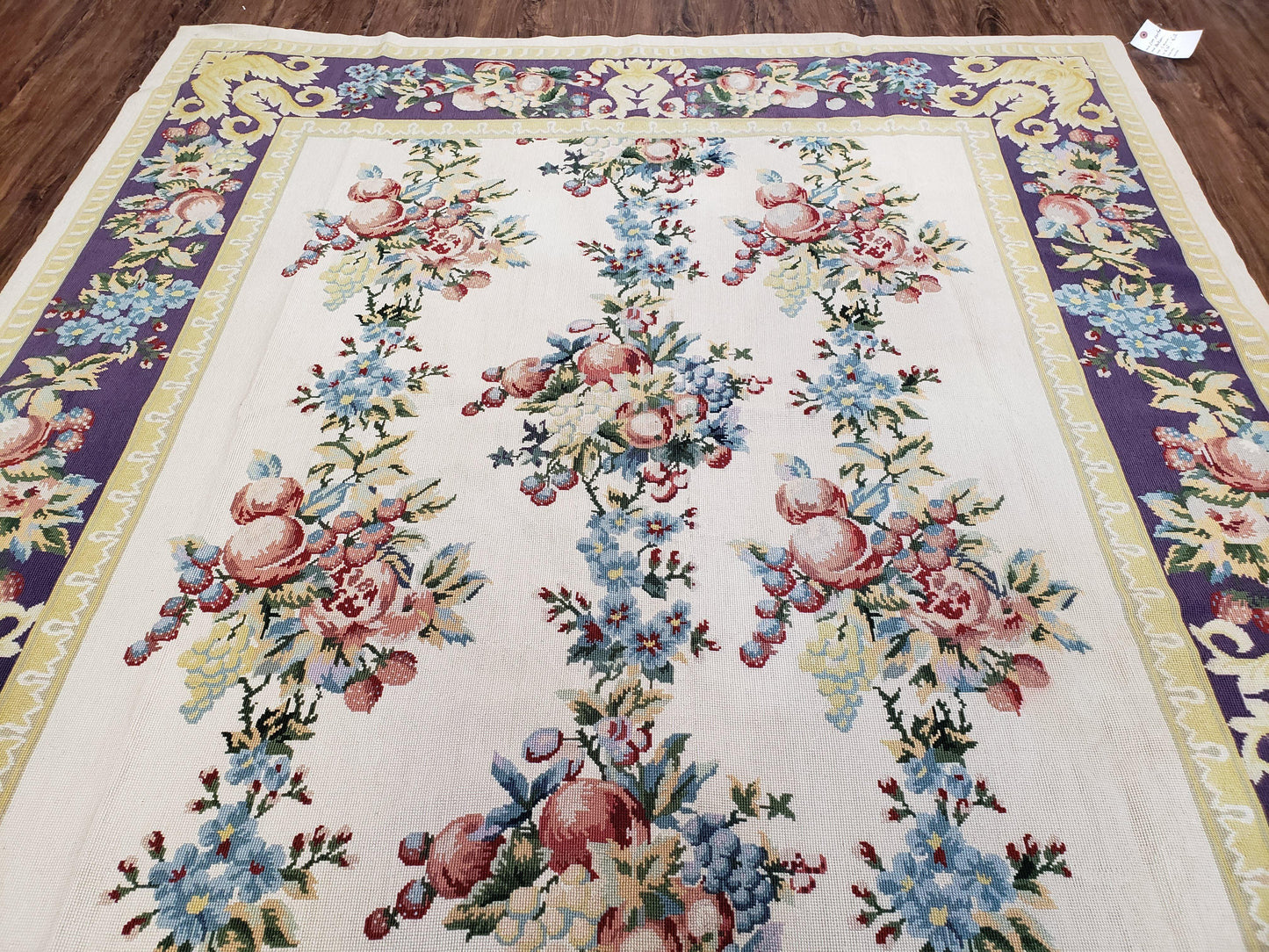 USED Vintage Chinese Floral Needlepoint Area Rug 6x9, Wool Hand-Woven Handmade Flatweave Rug, Ivory & Purple, Fruits Grapes Apples, Dining Room