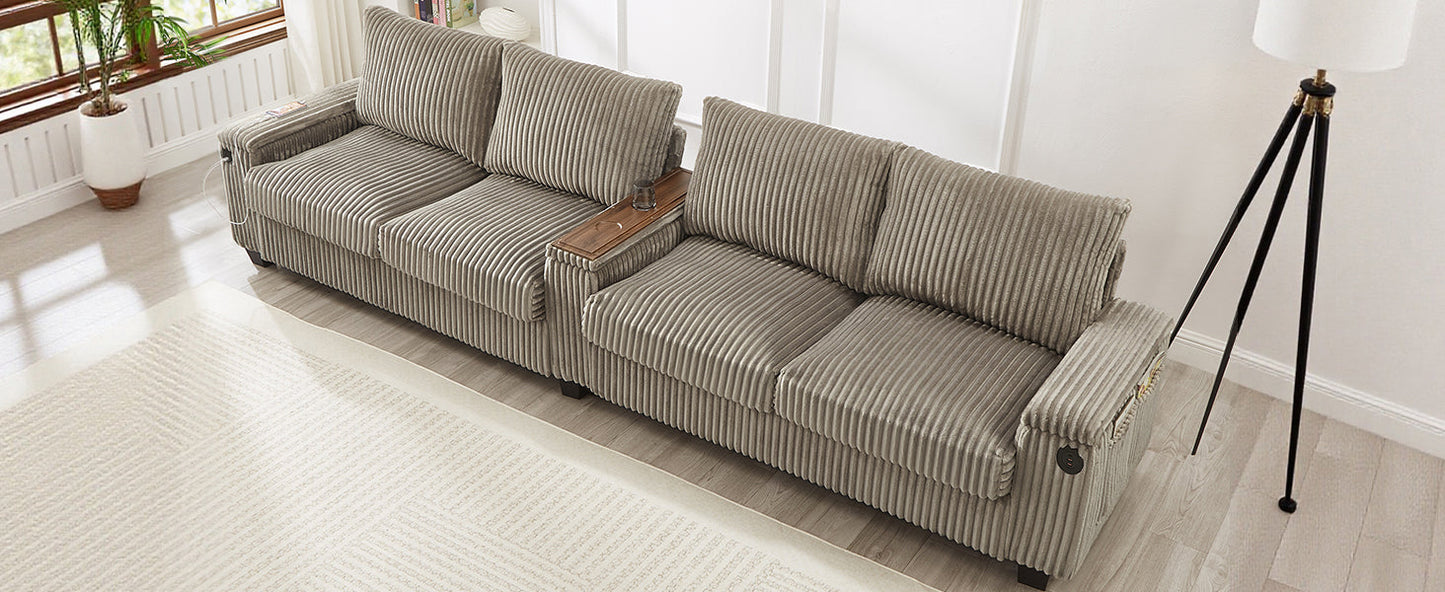 NEW Modern 4-Seater Corduroy Sofa Couch with USB Ports, Hidden Storage Arms, and Flip-Top Cup Holders, Brown, 133 Inches