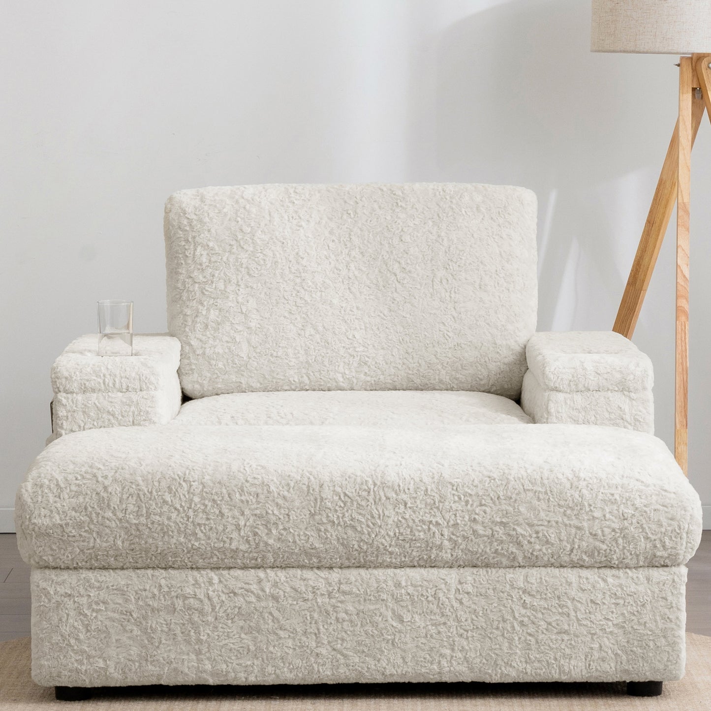 NEW Luxurious Faux Rabbit Fur Oversized Chaise Lounge Sofa Bed with Storage Ottoman Armrests and Cup Holders
