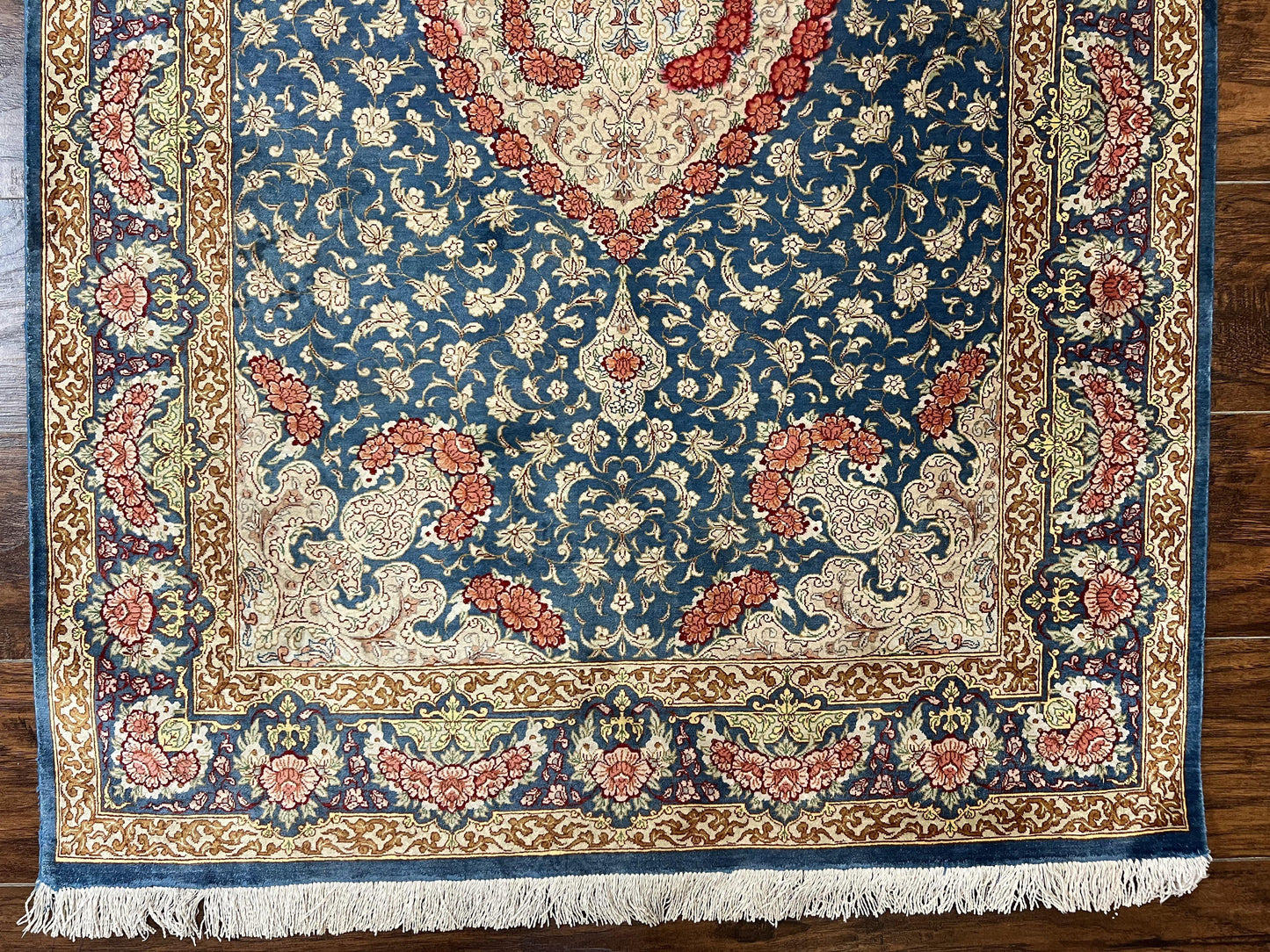 USED Magnificent Persian Qum Silk Rug 3x5, Blue, Super Fine 675 KPSI - 70 Raj, Floral Roses, Handmade Vintage Silk Carpet, Masterpiece
