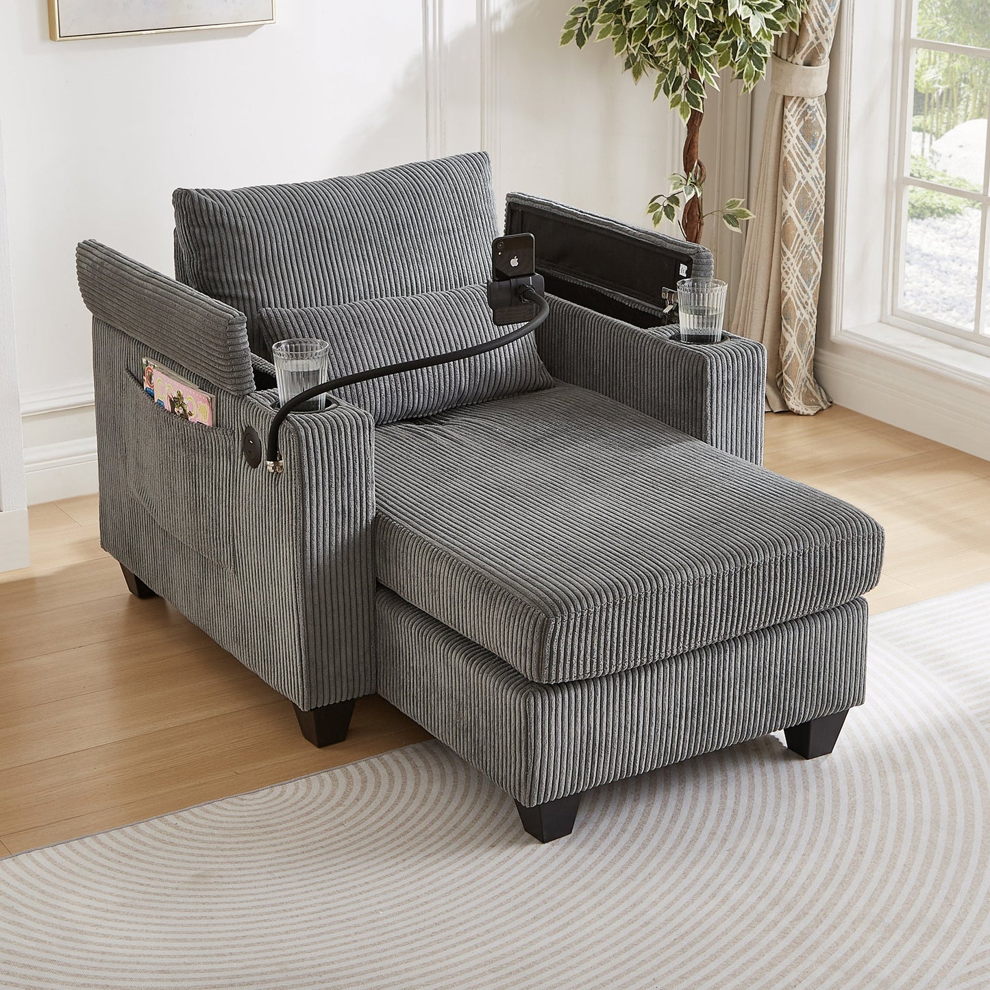 NEW Convertible Chaise Lounge Sofa Chair Corduroy Sleeper with USB Ports Cup Holders and Storage