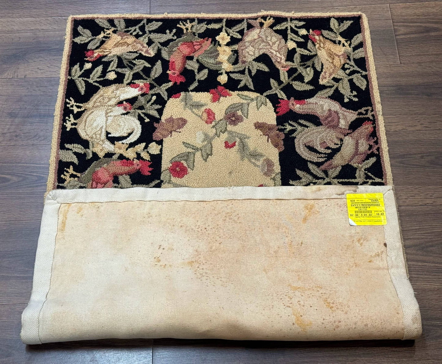 USED Small Vintage Hooked Rug, Roosters, Handmade, Wool