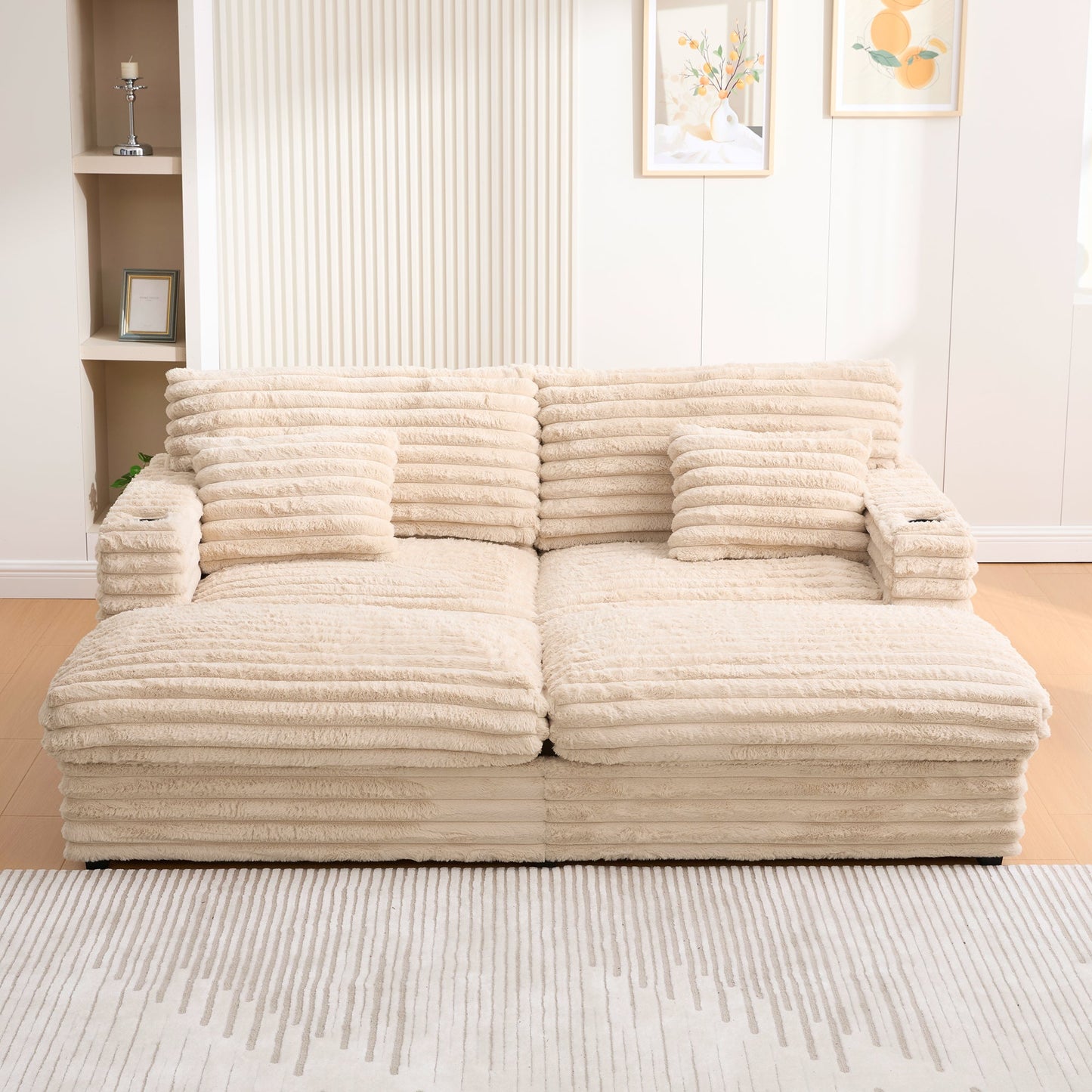 NEW Plush Champagne Faux Rabbit Fur Upholstered Oversized Double Chaise Lounge Sofa with USB Ports and Cup Holders