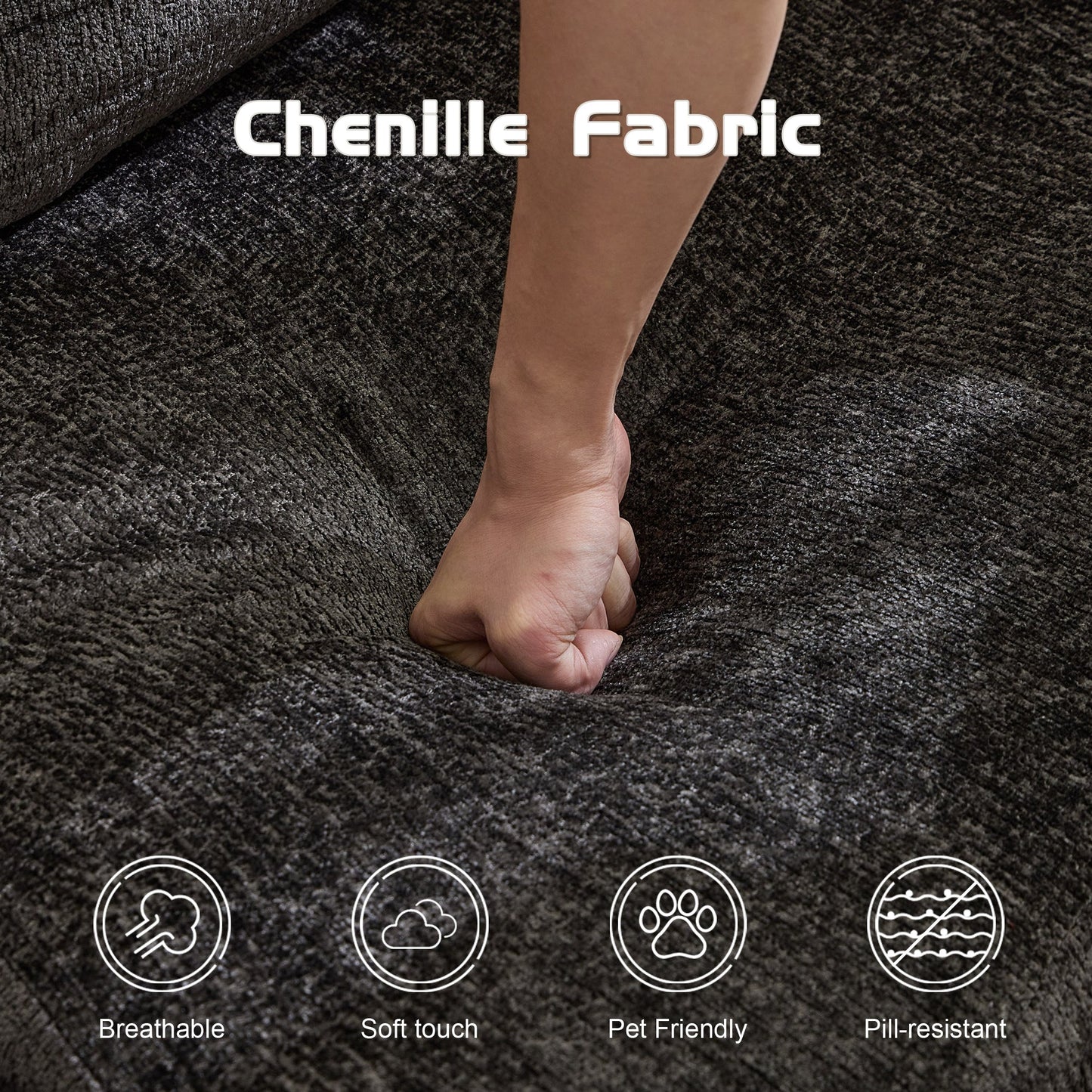 NEW Compression Black Chenille Fabric Convertible Single Seater Boneless Modular Sectional Sofa with Fixed-Shape Frame