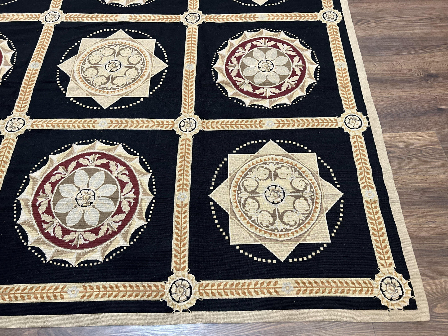 USED Large Needlepoint Rug 10x13, Panel Design, Black and Beige, Wool Needlepoint Carpet 10 x 13, English Garden, Handwoven Area Rug, Living Room