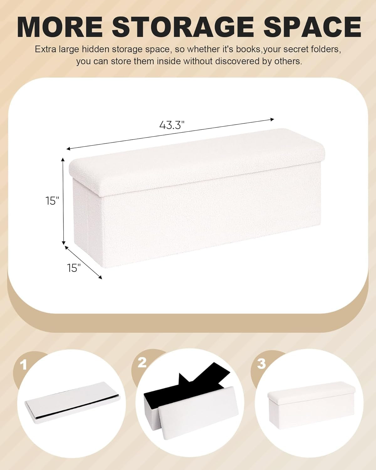 NEW Cream White Faux Fur Storage Ottoman 43.3 Inch Dimensions