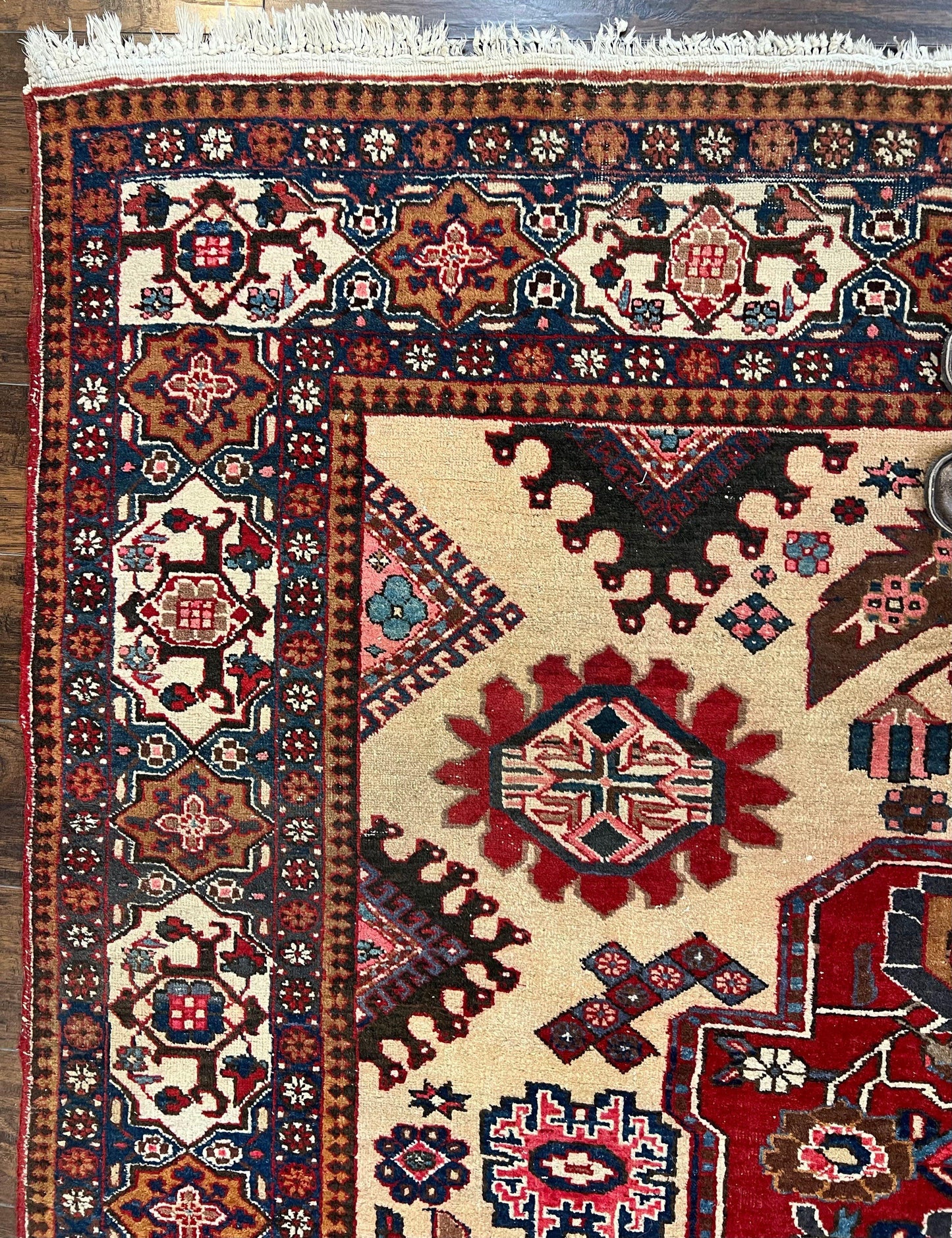 USED Antique Persian Heriz Rug 8x12 ft, Geometric Tribal Room Sized Carpet, Camel Hair Red Navy Blue, Wool Hand Knotted Medallion Oriental Carpet