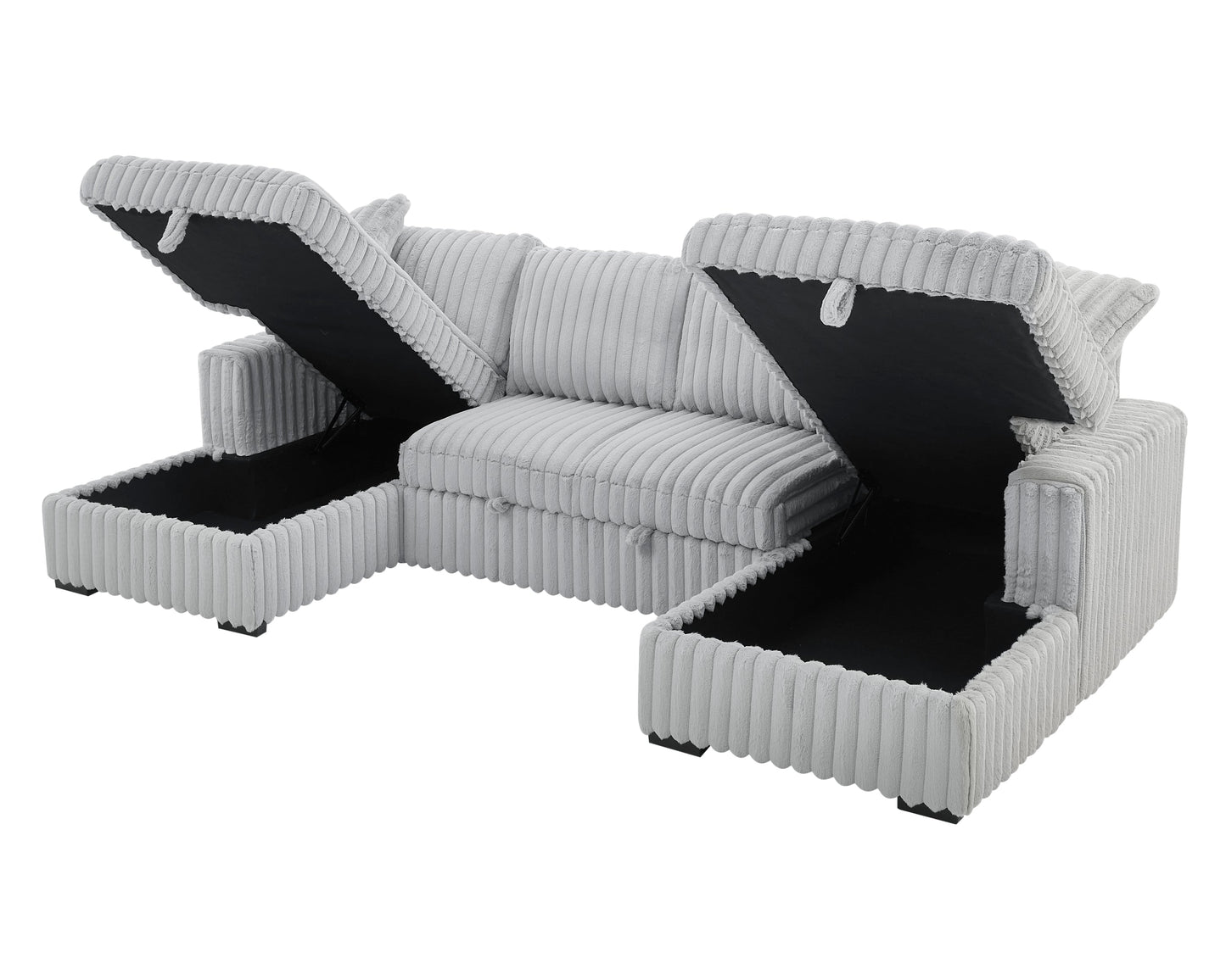 NEW Rabbit Plush Grey Corduroy Fabric Oversized Pull Out U Shaped Sleeper Sectional Sofa Bed Couch with Double Storage Chaise