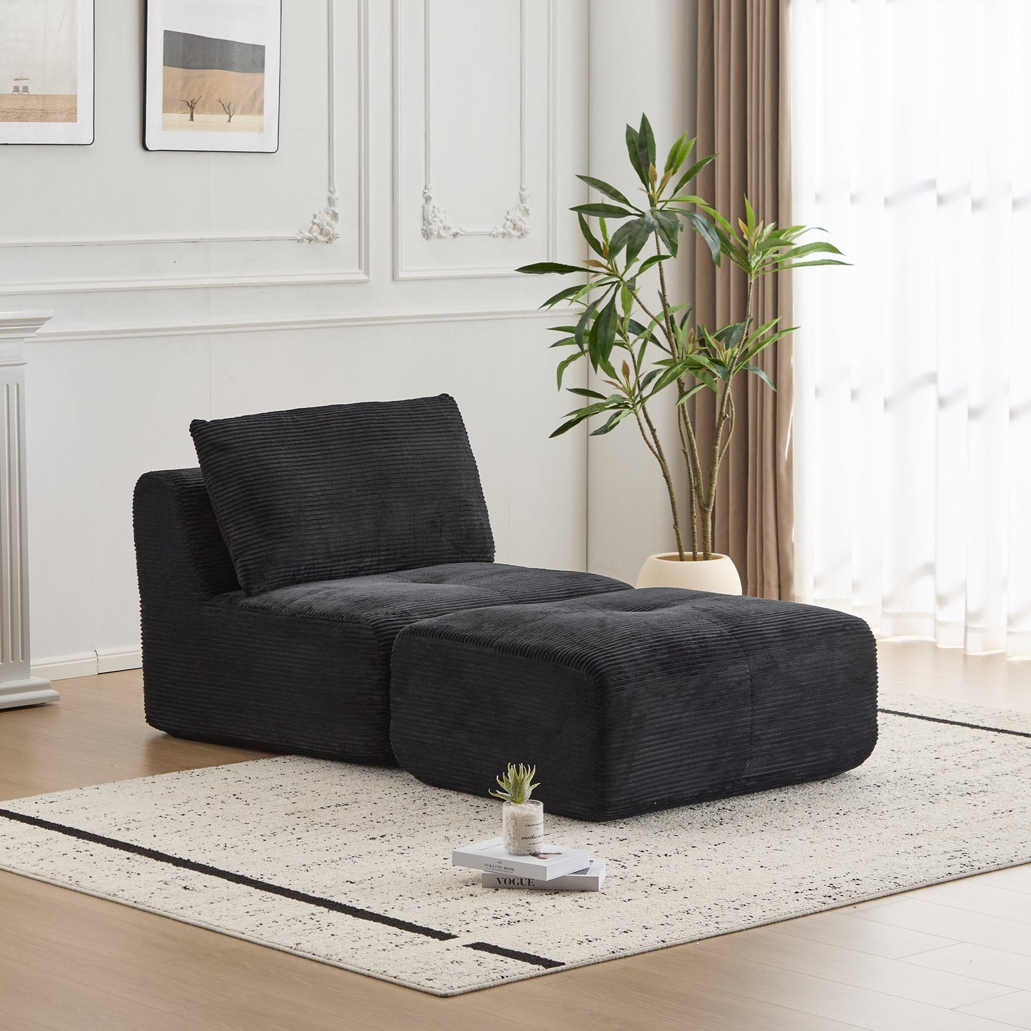 NEW Modern Black Corduroy Fabric Memory Foam Compressed Single Chaise Lounge Cloud Modular Sectional Sofa with Movable Ottoman