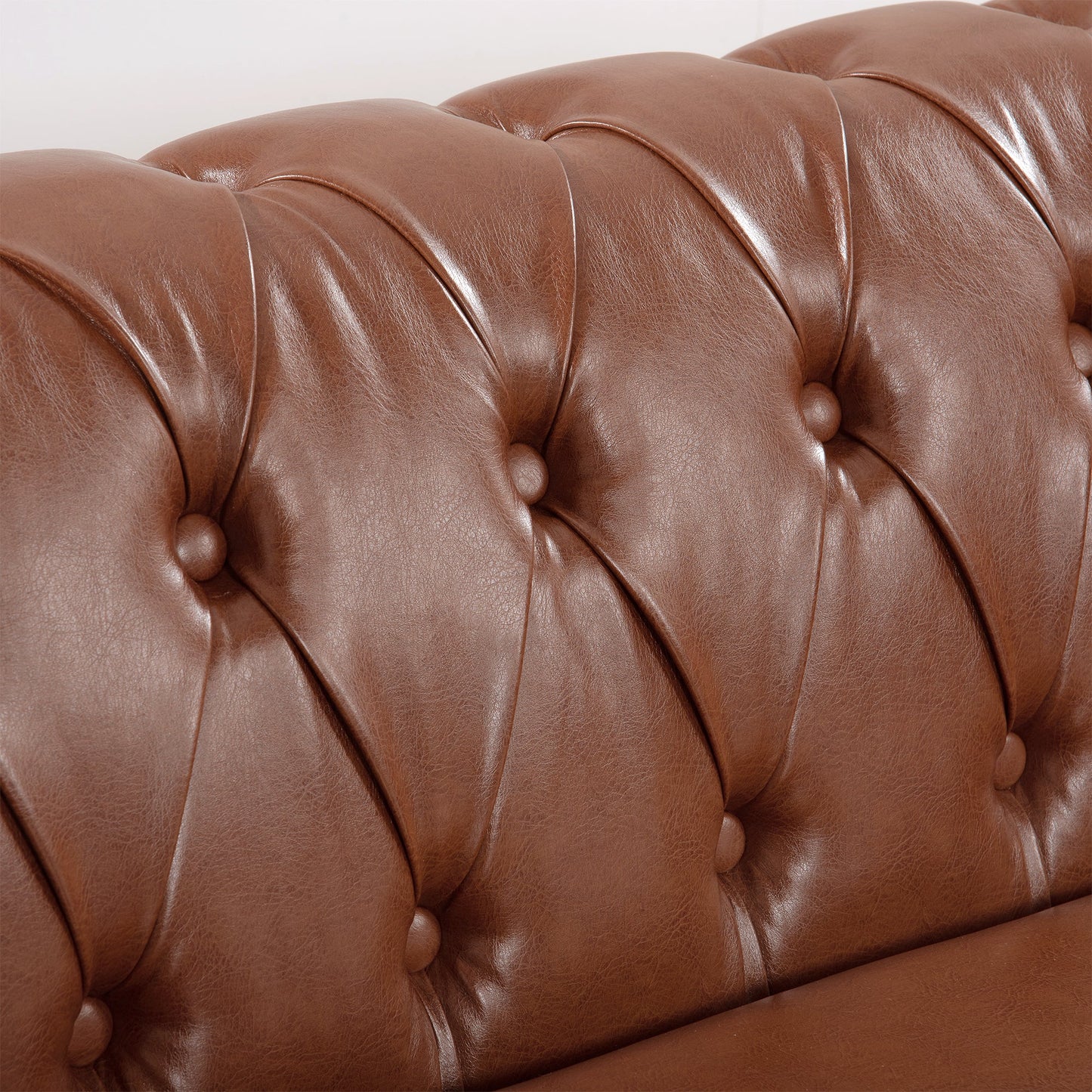 NEW Classic Chesterfield Three Seater Sofa Brown PU Leather with Rolled Arms and Birch Legs 84.65 Inches