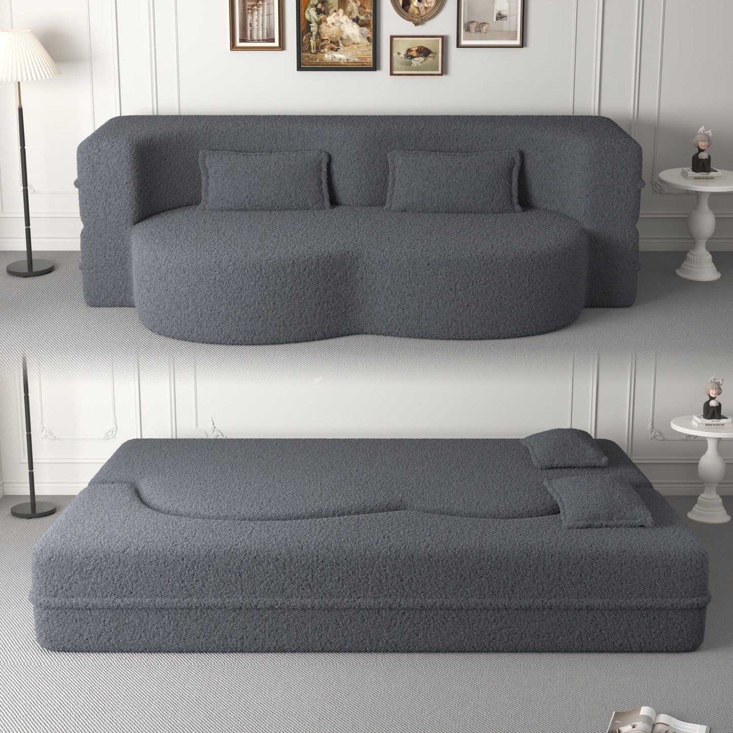 NEW Modern Floor Sofa, with 2 Pillows, Convertible Teddy Fabric Foam Filled Bed, 15 inch Full Size Folding Mattress, Suitable for Living Room, Guest room, Game Room, Grey