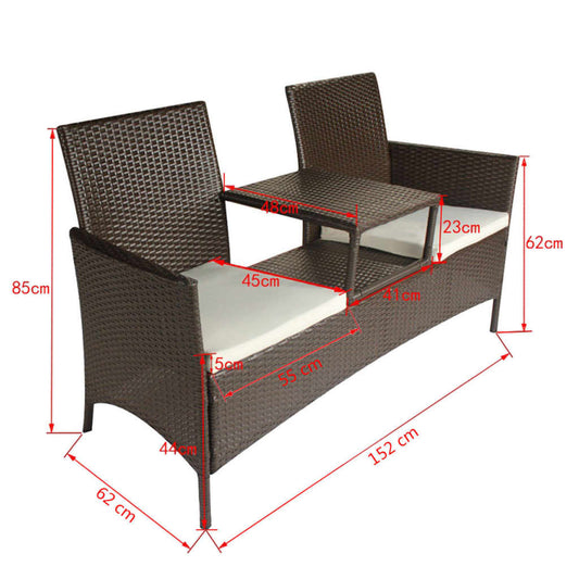 NEW vidaXL 2-Seater Patio Sofa with Tea Table Poly Rattan Brown Bench