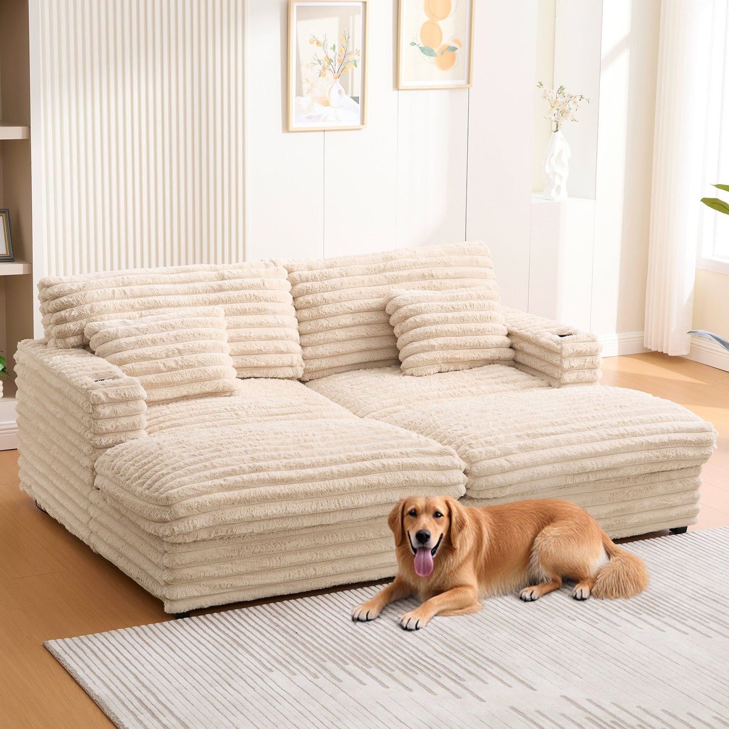 NEW Plush Champagne Faux Rabbit Fur Upholstered Oversized Double Chaise Lounge Sofa with USB Ports and Cup Holders