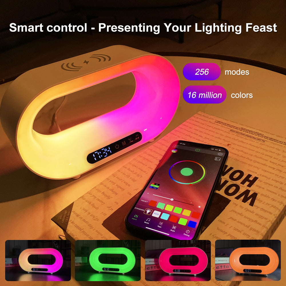 NEW multi-function 3 In 1 LED Night Light APP Control RGB Atmosphere Desk Lamp Smart Multifunctional Wireless Charger Alarm Clock