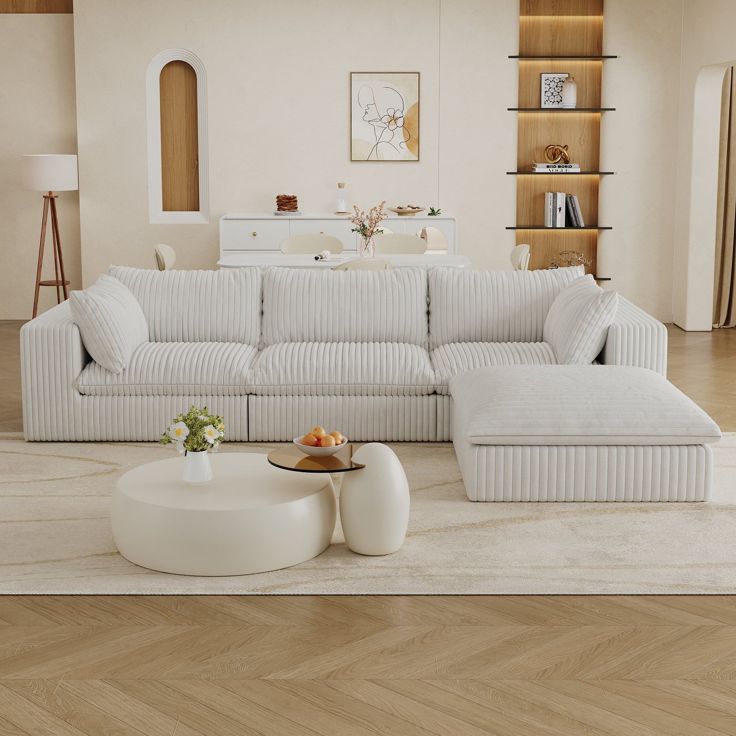 NEW 118.2' Cloud White Corduroy Fabric Deep Seat Double-Layer Design Couch Sofa with Removable Cushion