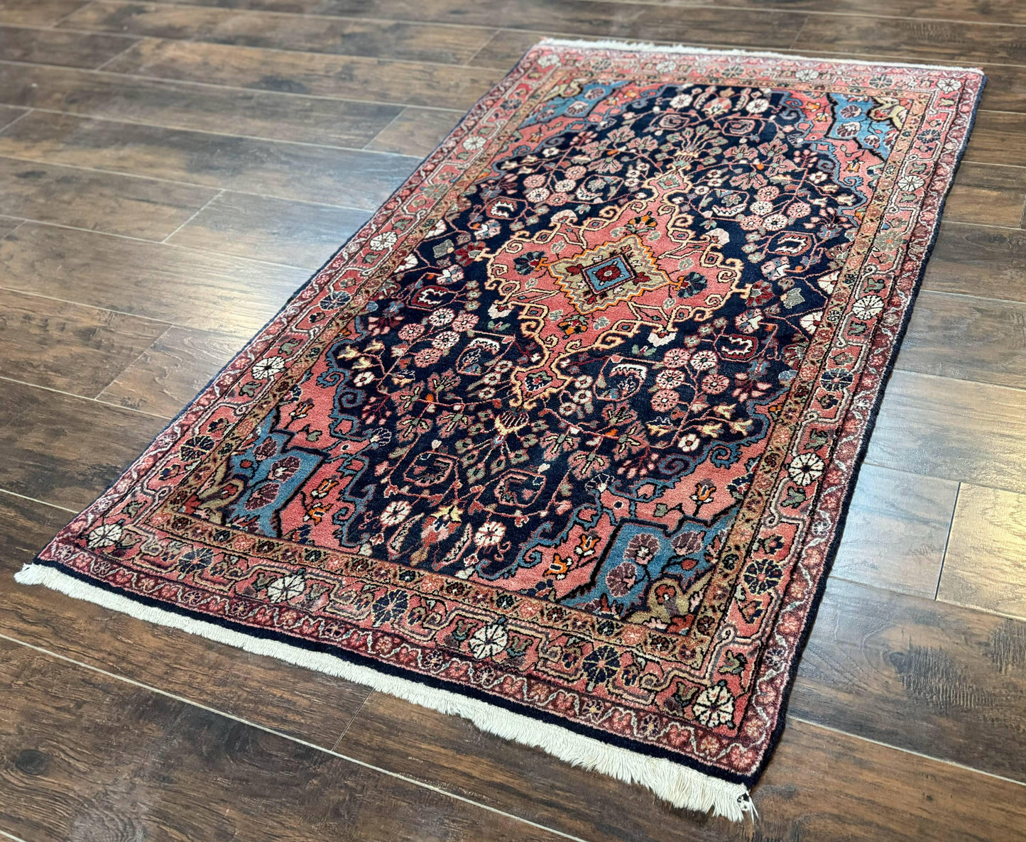 USED Persian Rug 3x5, Jozan Sarouk Rug, Navy Blue and Coral, Medallion Rug, Semi Antique