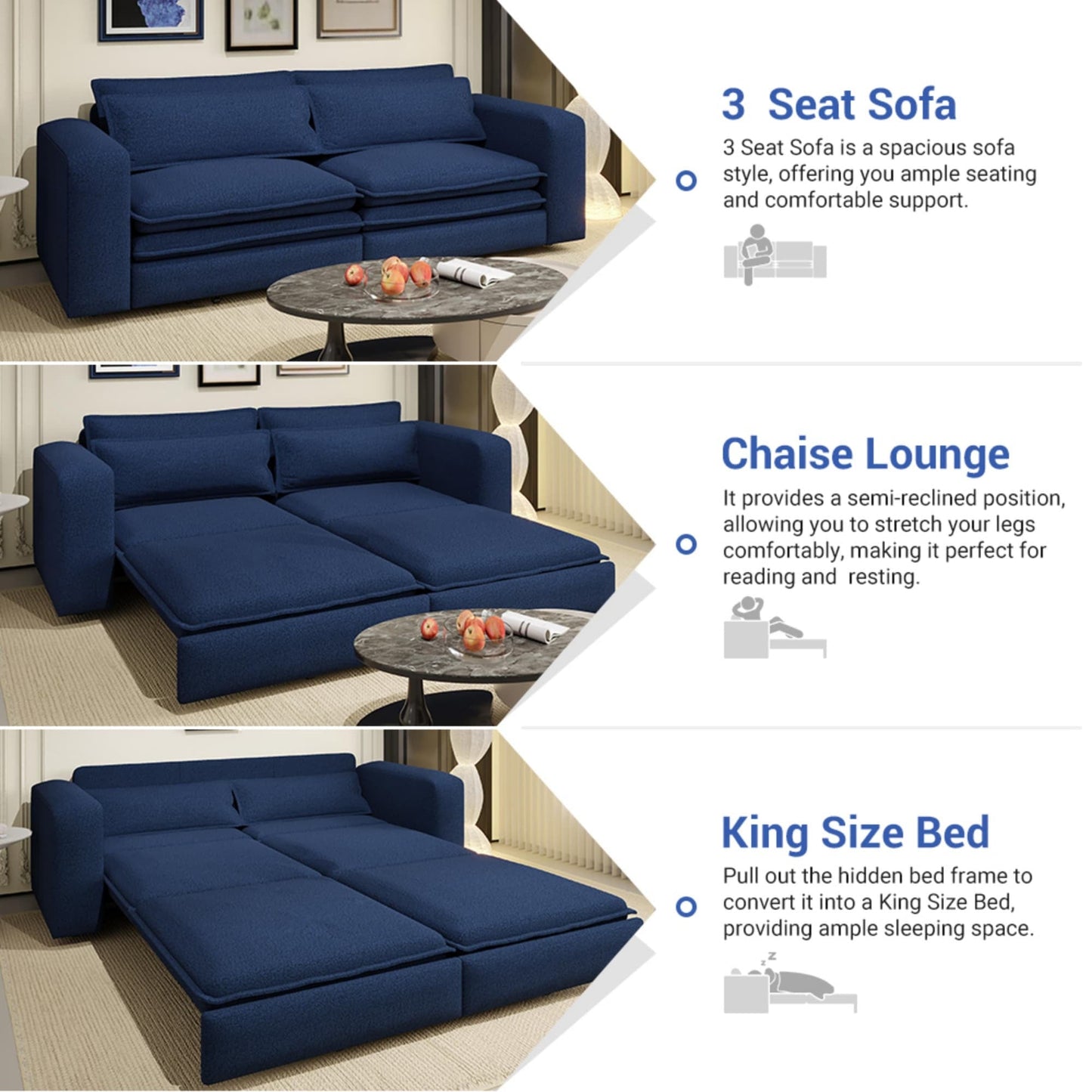 NEW 93' King Size Sleeper Sofa Bed, Pull Out Sofa Bed, 3 in 1 Convertible Sleeper Sofa, Chaise Lounge,3 Seat Teddy Couch with 2 Lumbar Pillows for Living Room, Apartment, Office, Studies,Blue