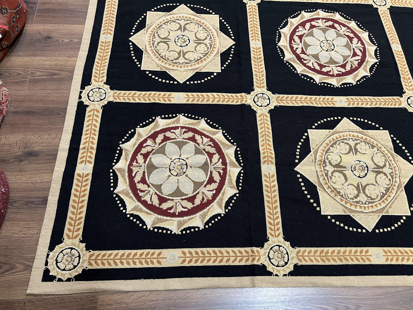 USED Large Needlepoint Rug 10x13, Panel Design, Black and Beige, Wool Needlepoint Carpet 10 x 13, English Garden, Handwoven Area Rug, Living Room