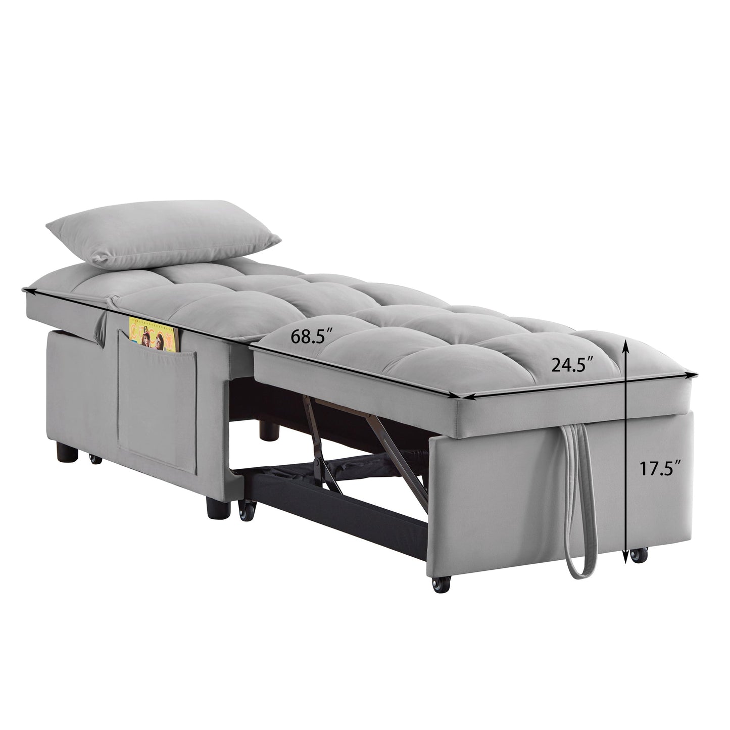 NEW 4 in 1 Multi-Function Grey Tufted Single Convertible Chaise Lounge Pull-Out Sofa Bed with Storage Pockets with Adjustable Backrest and Pillows