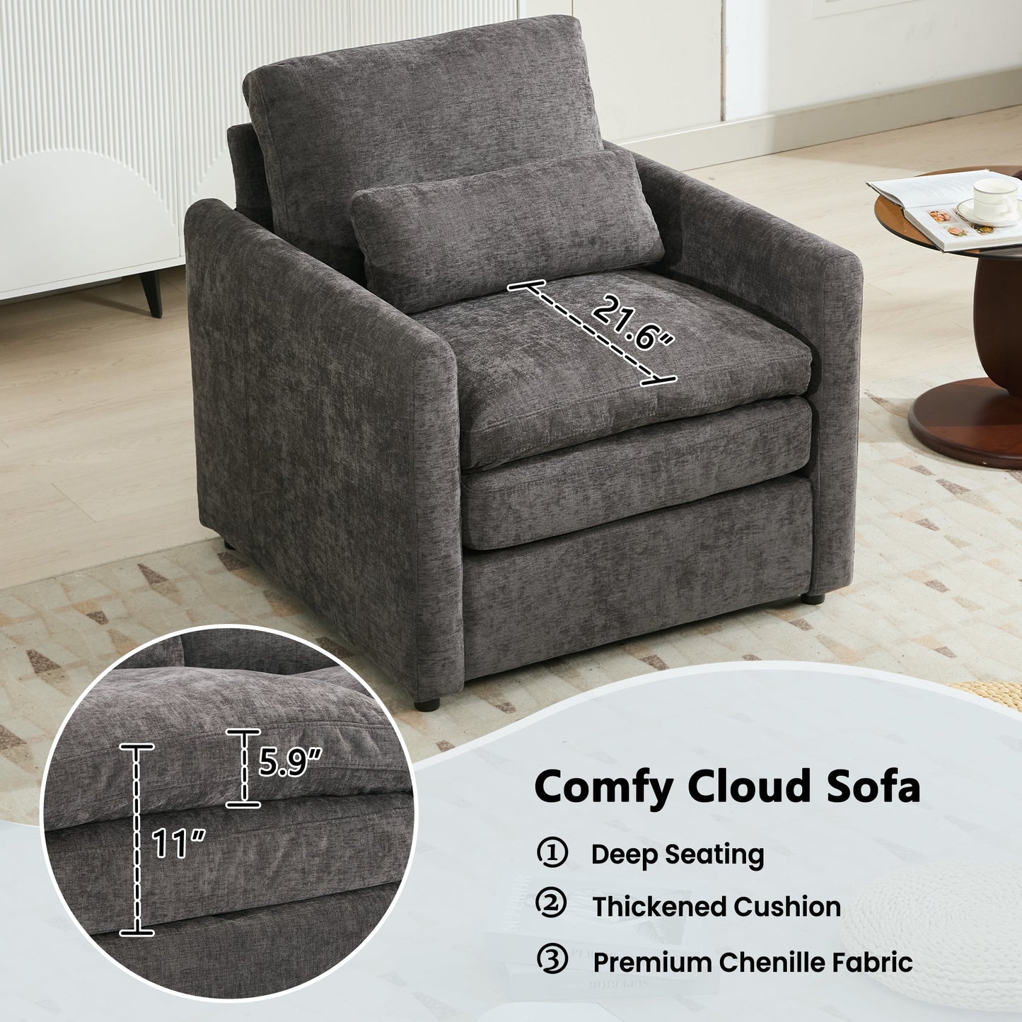 NEW Cozy Upholstered Armchair with Double Cushion in Grey Chenille, 31.9 Inches