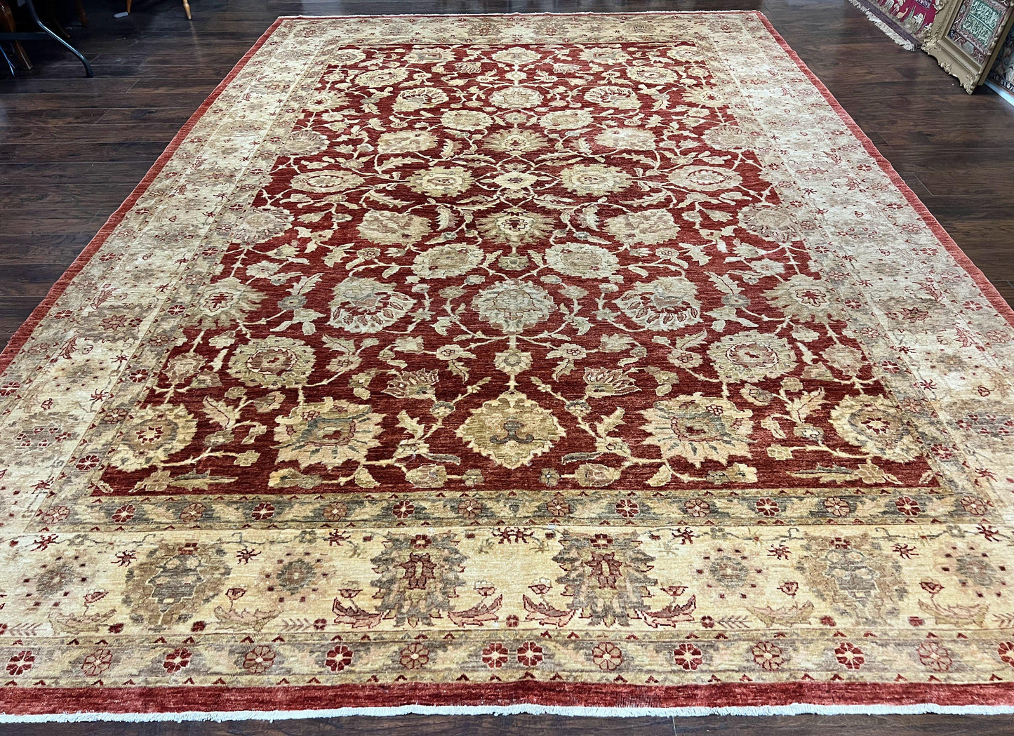 USED Pak Persian Rug 10x14, Sultanabad Mahal Peshawar Chobi Carpet, Large Vintage Wool Oriental Rug, Maroon & Beige, Floral Allover, Handmade