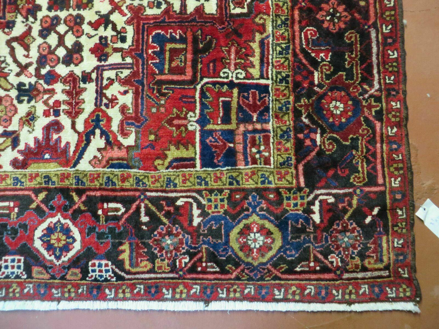 USED Wonderful Persian Heriz Rug 8.6 x 11, Geometric Heriz Carpet, Semi Antique Decorative Area Rug, Red Ivory Dark Blue Handmade Wool Room Sized