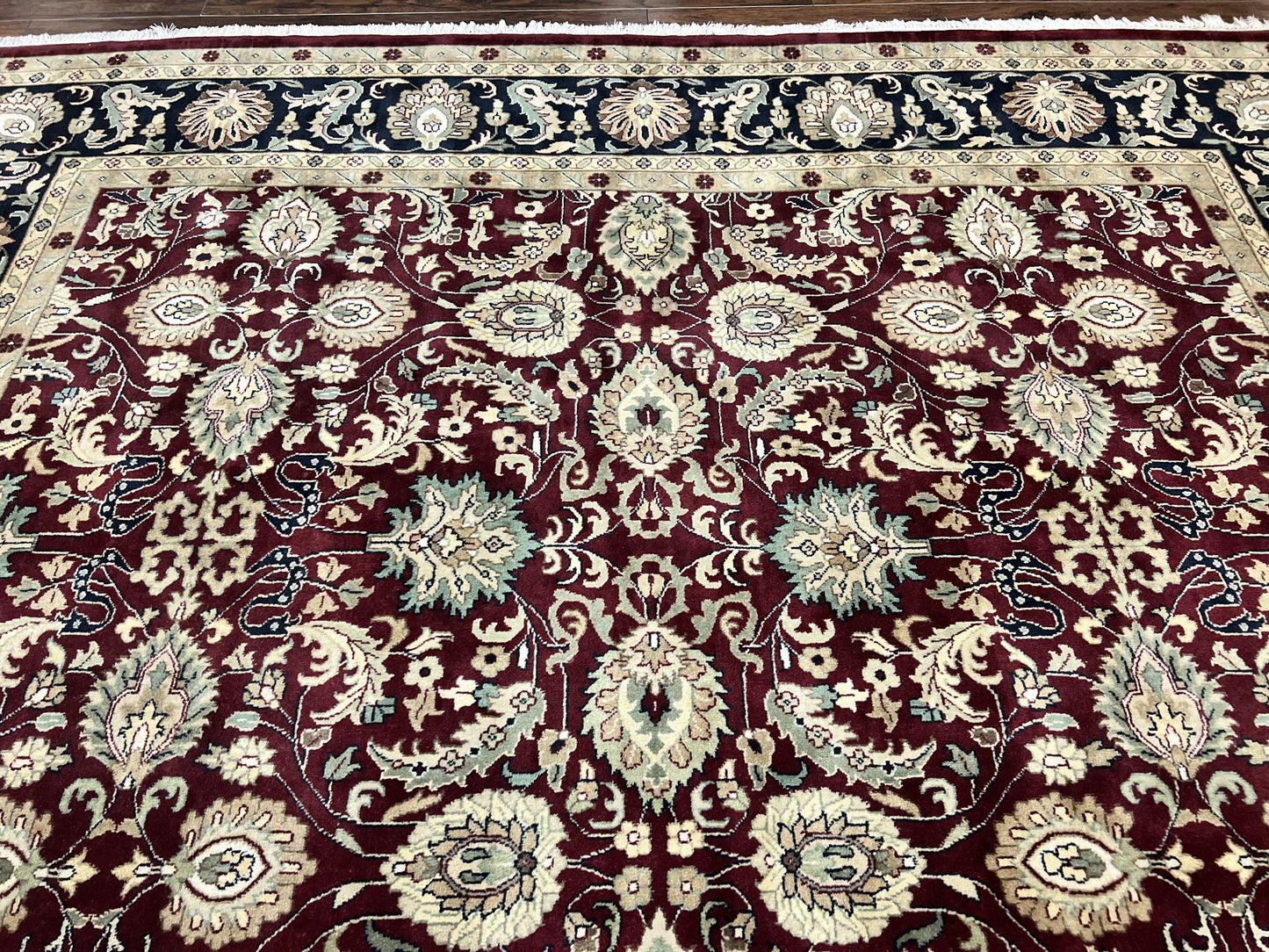 USED Indo Persian Rug 10x14, Floral Allover, Maroon, Handmade Hand Knotted VIntage Wool Rug, Large Oriental Carpet