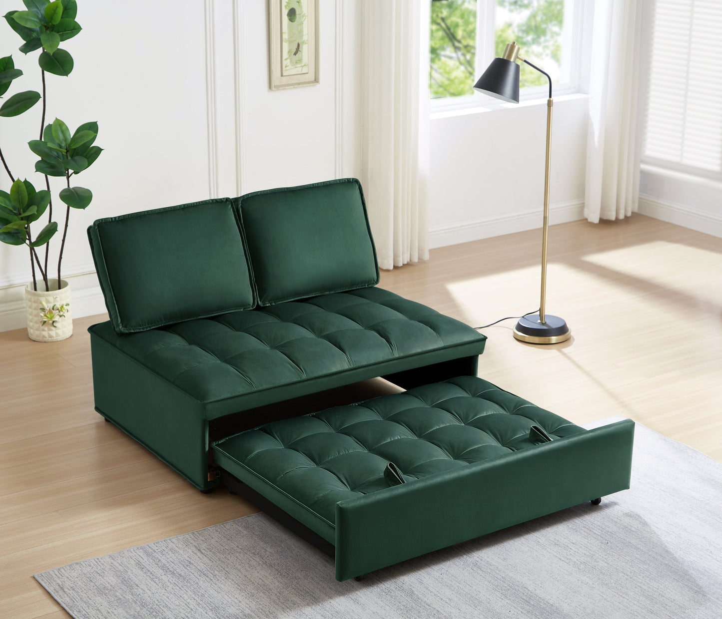 NEW Convertible Modern Green Velvet Fabric Double Seat Loveseat Sleeper Sofa Bed with 2 Detachable Backs