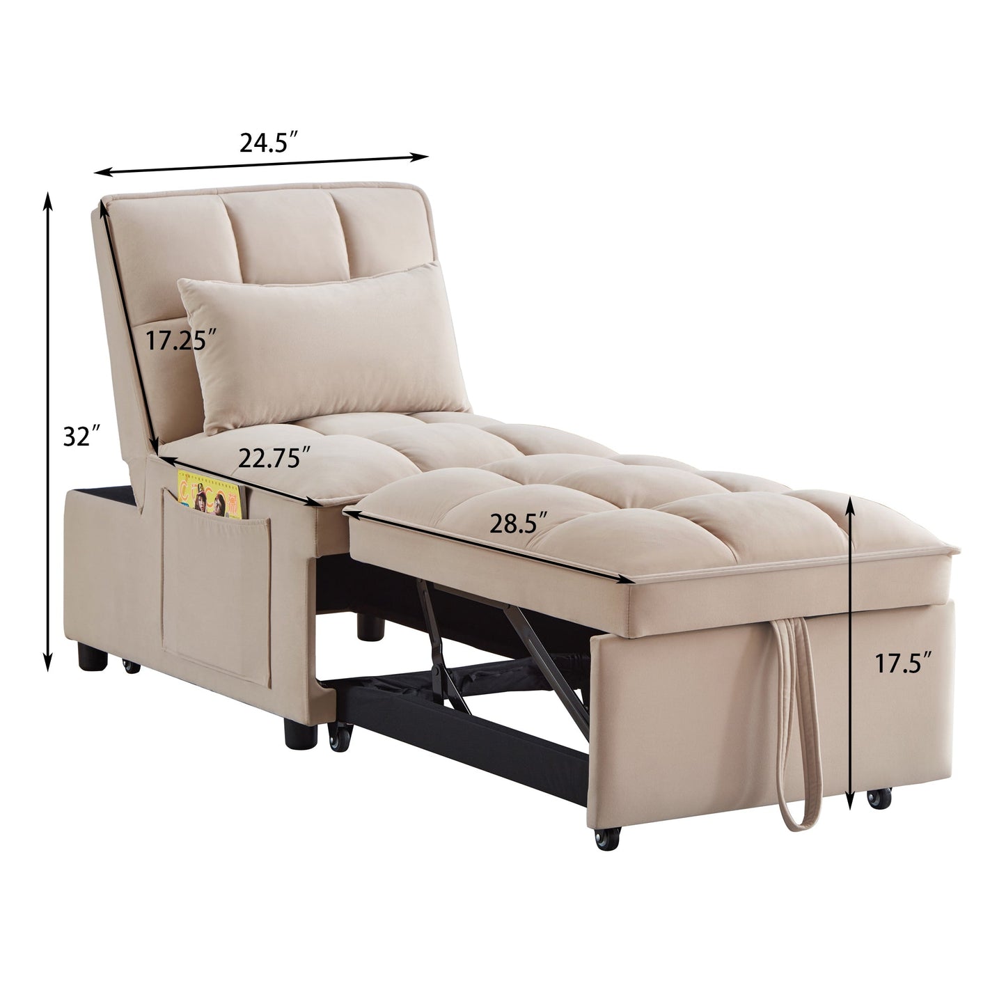 NEW 4 in1 Multi-Function Single Sofa Bed with Storage Pockets,Tufted Single Pull-out Sofa Bed with Adjustable Backrest and Pillows ,Convertible  Chaise Lounge,Taupe