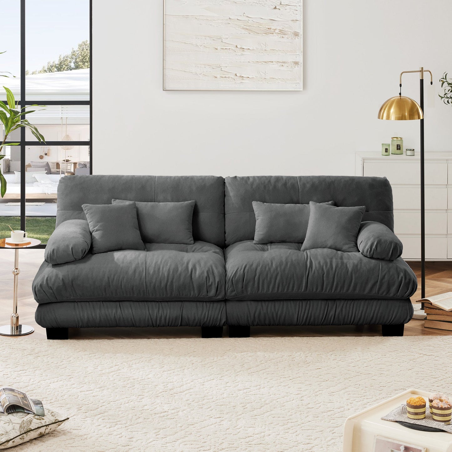NEW Chenille Gray Cloud Couch 2 Seater Sofa with 2 Lumbar and Throw Pillows