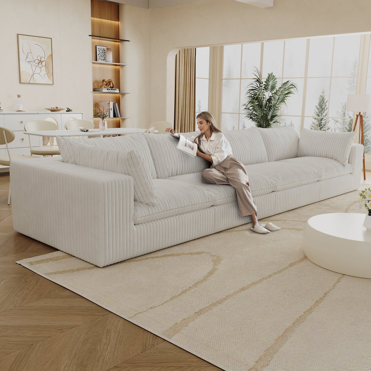 NEW 157.6'Cloud Sofa,Corduroy Fabric,Deep Seat Couches,Double-layer design,Removable  Cushion,No Assembly,DIY Combination for Living room, Bedroom,Conference room ,Apartment,White