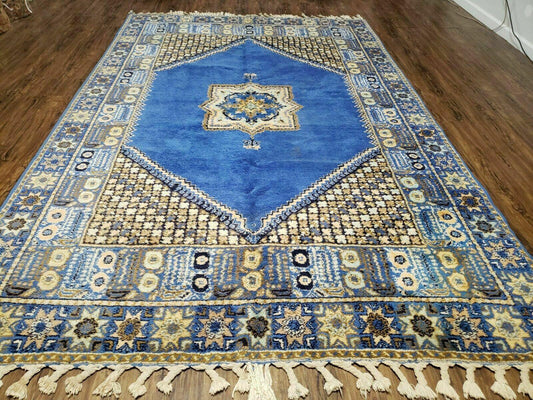USED 7' X 10' 5" Handmade Moroccan Urban Rabat Wool Carpet Blue Area Rug