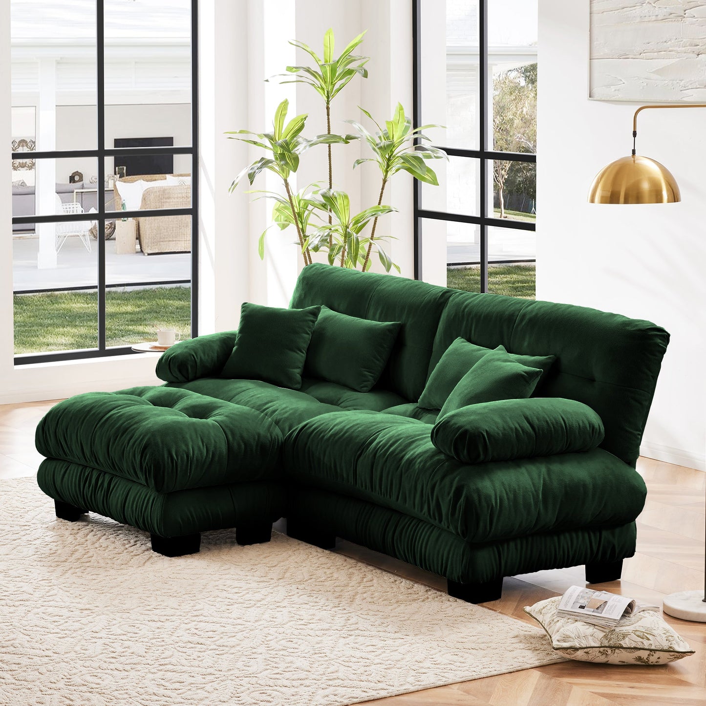 NEW Cloud Couch Sectional Sofa for Living Room, Chenille 2 Seater Sofa with 2 Lumbar pillows and 2 throw pillows , Upholstered Wide Arm Sofa with Convertible Ottoman,Chenille Green